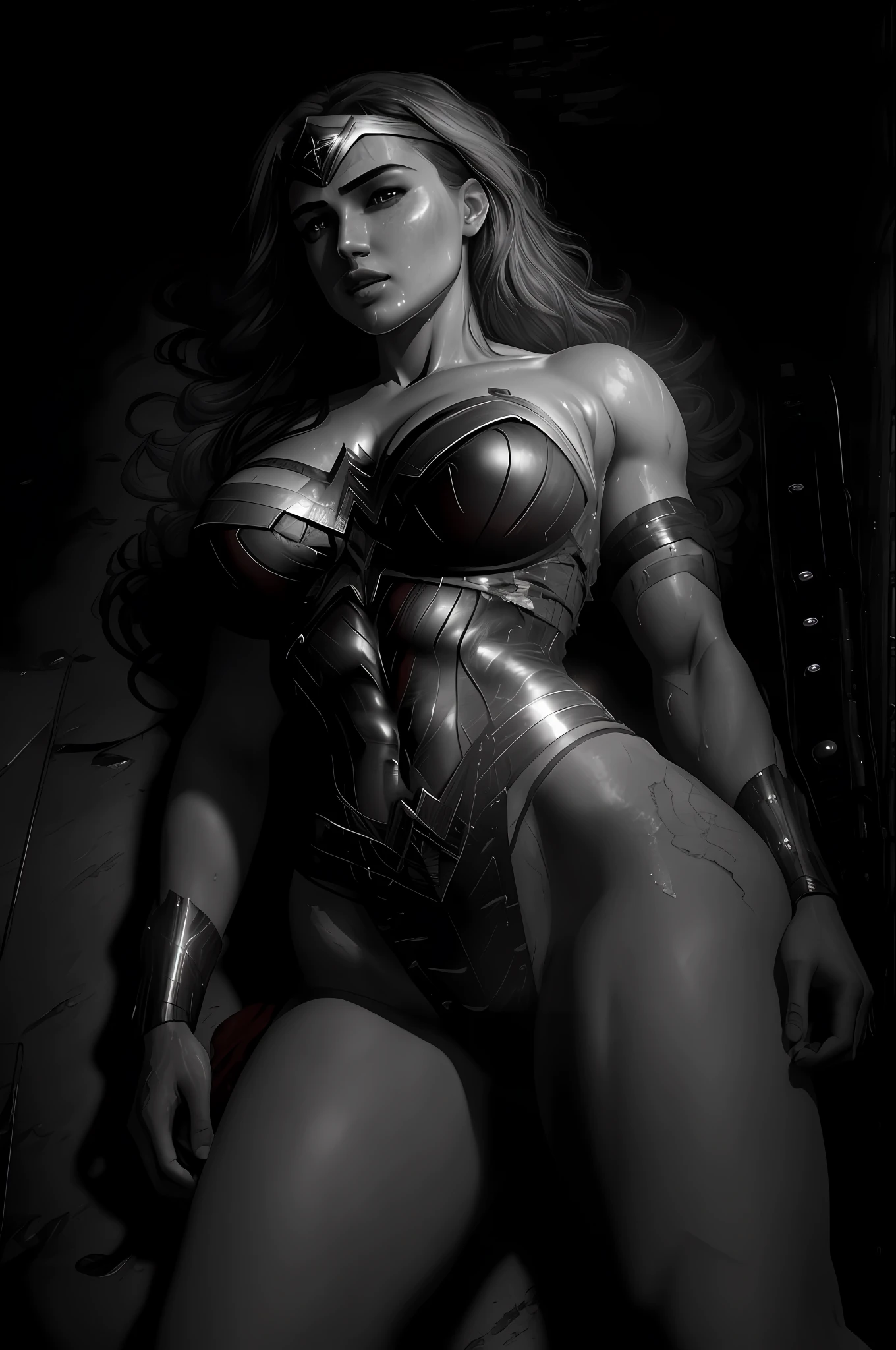 8k, best quality, real photo, intricate detail, super detail, ultra high resolution, depth field, (realistic, realistic:1.2), masterpiece, 1girl&#39;s photo, wonder woman, superhero, lying, back, lying down, realistic, Ripped bodysuit, (dirty, ripped clothes, exposed clothes:1.3), realistic blue eyes, dark hair, lips, long hair, solo, (reveal ripped clothes, ripped clothes:1.1), natural skin texture, slightly sunlit tanned skin tone, muscular, (big breasts:1.3) thin waist, (perfect big ass and broad hips:1.2), (detailed skin), ((dirty)), (wet skin), sweating, (wet body), (storm cloud:0.7), (stormy weather:0.5), (((Dark Atmosphere))), Dark City as background, Toxic, Epic, Realistic, Faint, Low Saturation, ((((Spotlight Above))), Cinematic, (dramatic rim light), Fog &amp; Blossom, 8k, high quality, film grain, Fujifilm XT3, (gray_scale:1.4)
