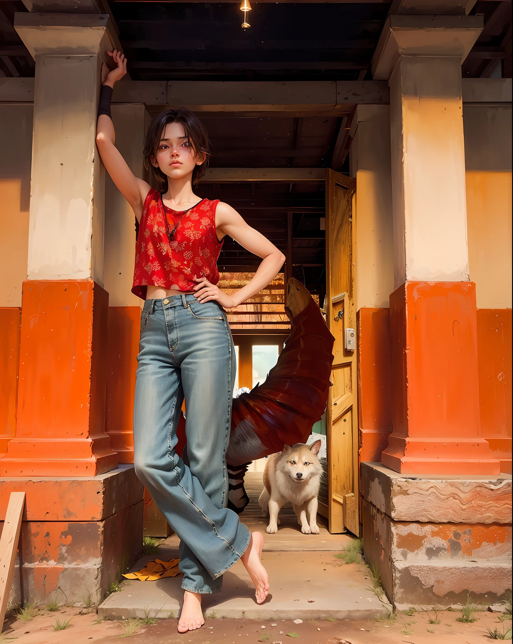 (close-up)), (1 teenager)) in rags with (1 wolf cub)) in the hands of a boy, (night), (full moon), masterpiece, high quality, solo focus, (total: 1.04), (red eyes:1.1), whole body, at a high angle, (perfect face: 1.1) complex (high detail: 1.1) body, closed navel, closed, eyes up, extremely detailed eyes and face, piercing gaze, big eyes, forest in the background, dense forest, butterflies, fireflies, nikon d850 4 kodak portra 400 camera f1.6 lens rich colors, hyperrealistic texture, dramatic unreal engine lighting is trending at Artstation Synestill 800