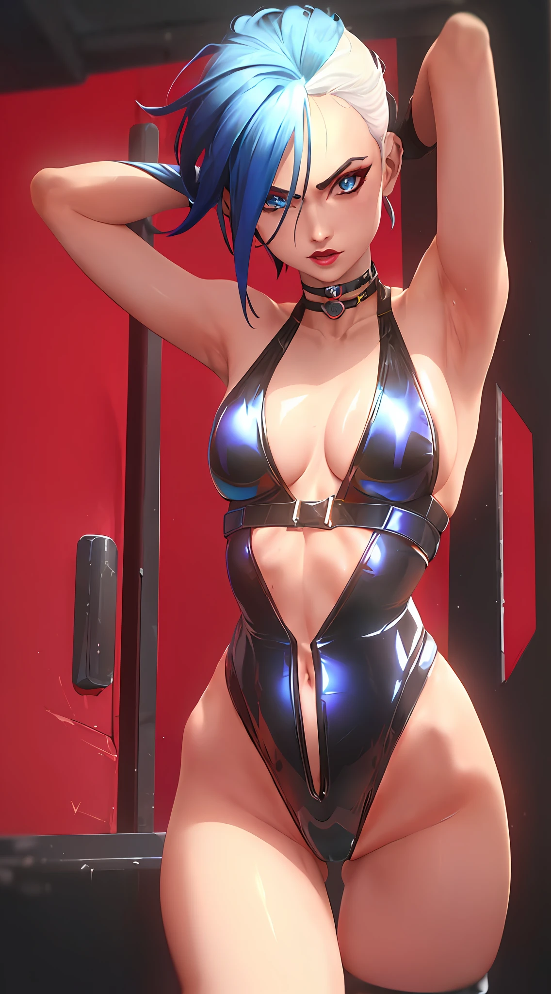 Cyberpunk Edgerunners, 1girl, Lucy \(Cyberpunk\), bare shoulders, blue eyes, breasts, black lingerie, black latex swimsuit, looking at viewer, small breasts, red eyeliner, solo with short hair, white hair, sexy pose (( masterpiece)), bare arms