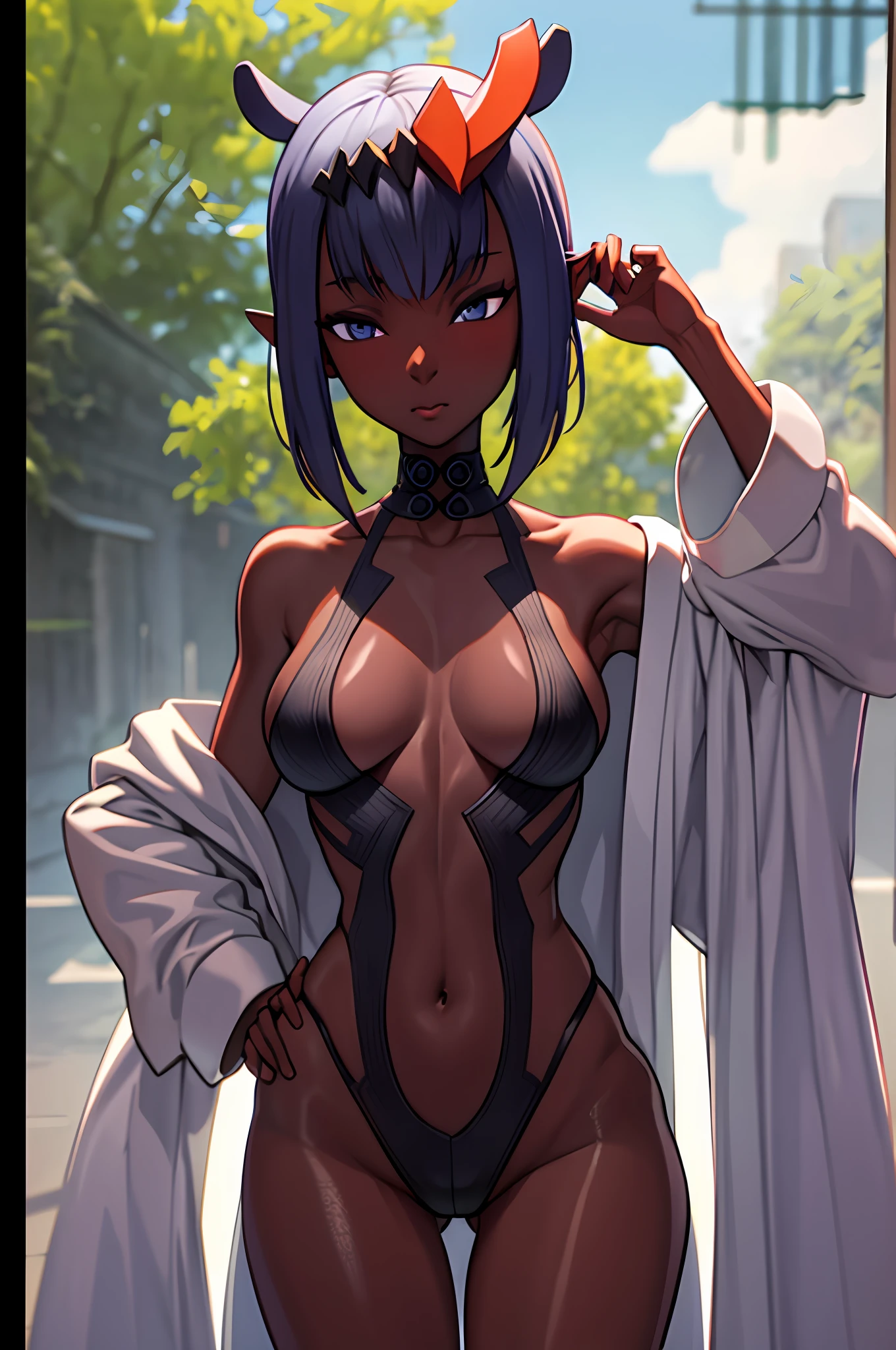 dark skin, half naked, kimono, toned, complex 3d render ultra detailed of a beautiful porcelain profile, 8k, best quality, masterpiece, tanlines