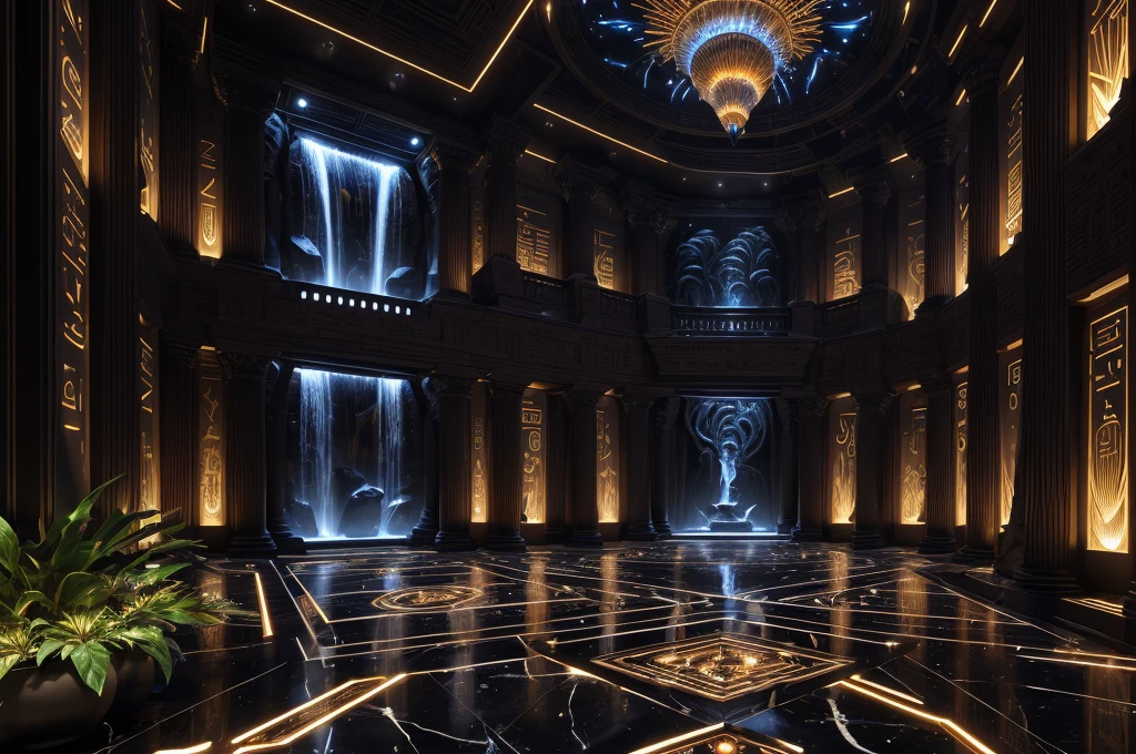 incredible black luxurious futuristic interior in Ancient Egyptian style with many ((lush plants)) (lotus flowers), ((palm trees)), (((african trees flowers and plants))), rocky walls, ((sand)), ((waterfalls)) (marble), ((precious minerals)), ((metals)), (gemstones), crystals, clouds and (water), (hieroglyphics), ((trees flowers plants made out of gemstones precious minerals and lights)), crocodiles, (((ultra luxury))), (black marble) – with ((beautiful lights)), Unreal Engine, HQ, 16k