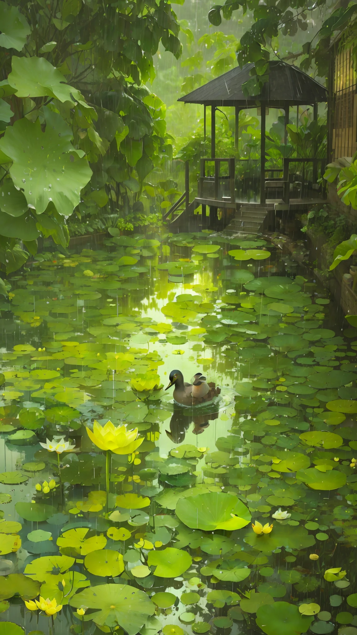 (It&#39;s raining) heavy rainfall, in a quiet pond, there are a few lotus leaves, a duck is swimming in the water, and a water wheel is turning in the distance,