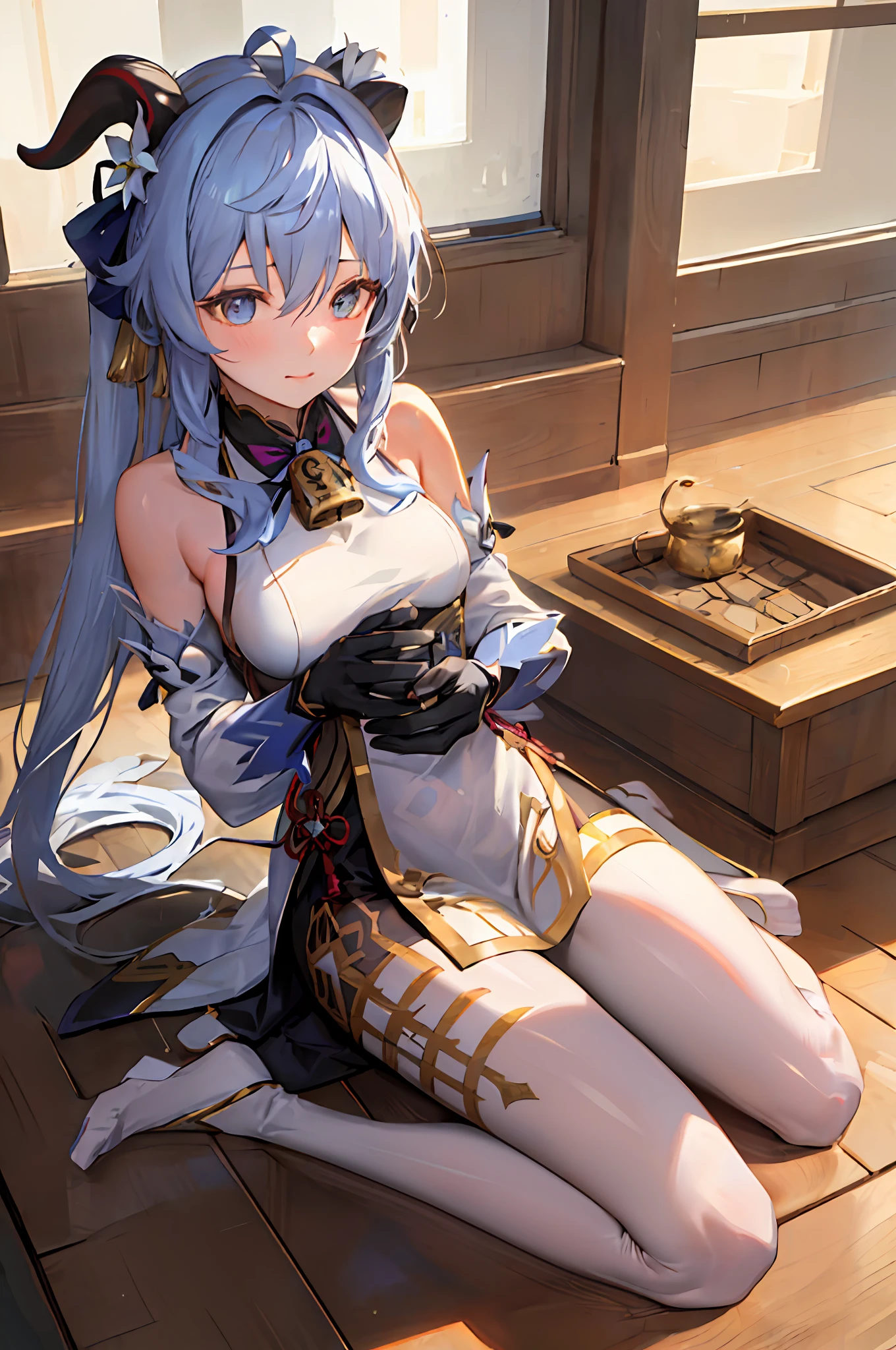 (photorealistic:1.4), (masterpiece, sidelighting, finely detailed beautiful eyes: 1.2), masterpiece*portrait, realistic, 3d face,
ganyu \(genshin impact\), 1girl, ahoge, architecture, bangs, bare shoulders, bell, black gloves, black pantyhose, (blue hair), blush, breasts, chinese knot, detached sleeves, flower knot, gloves, horns, long hair, looking at viewer, medium breasts, neck bell