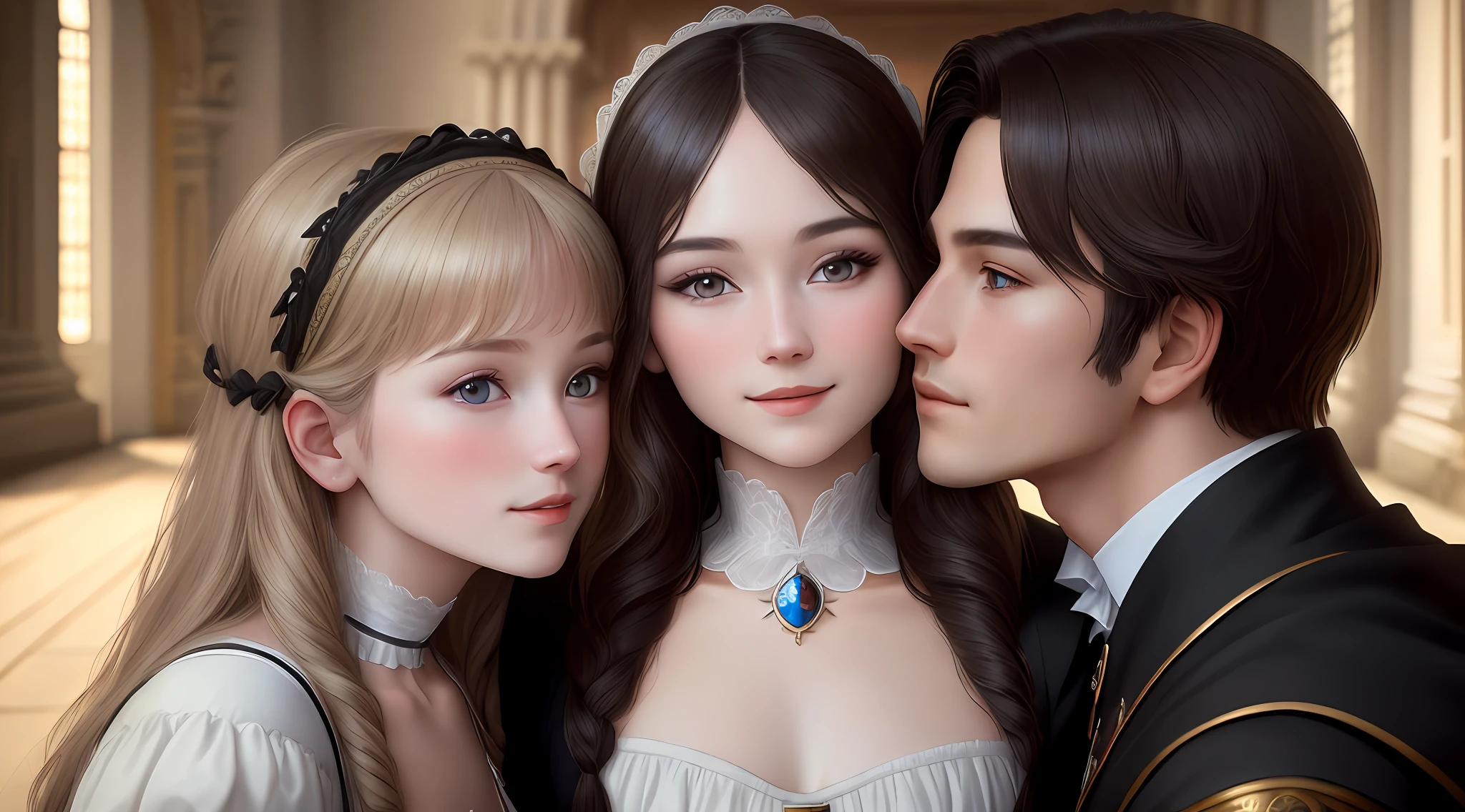 Photography, hyper-realism, 8k, renaissance, aristocrats (the couple's eyes look at each other: 2) animal skins, the church in the background, three people, (1boy:1.2) lovers, smiling, symmetrical movements, bottom view, central light source, most Best Light, Volumetric Light, Masterpiece, Facial Close-up, Micro-expression, Eye-to-eye. ——V 6