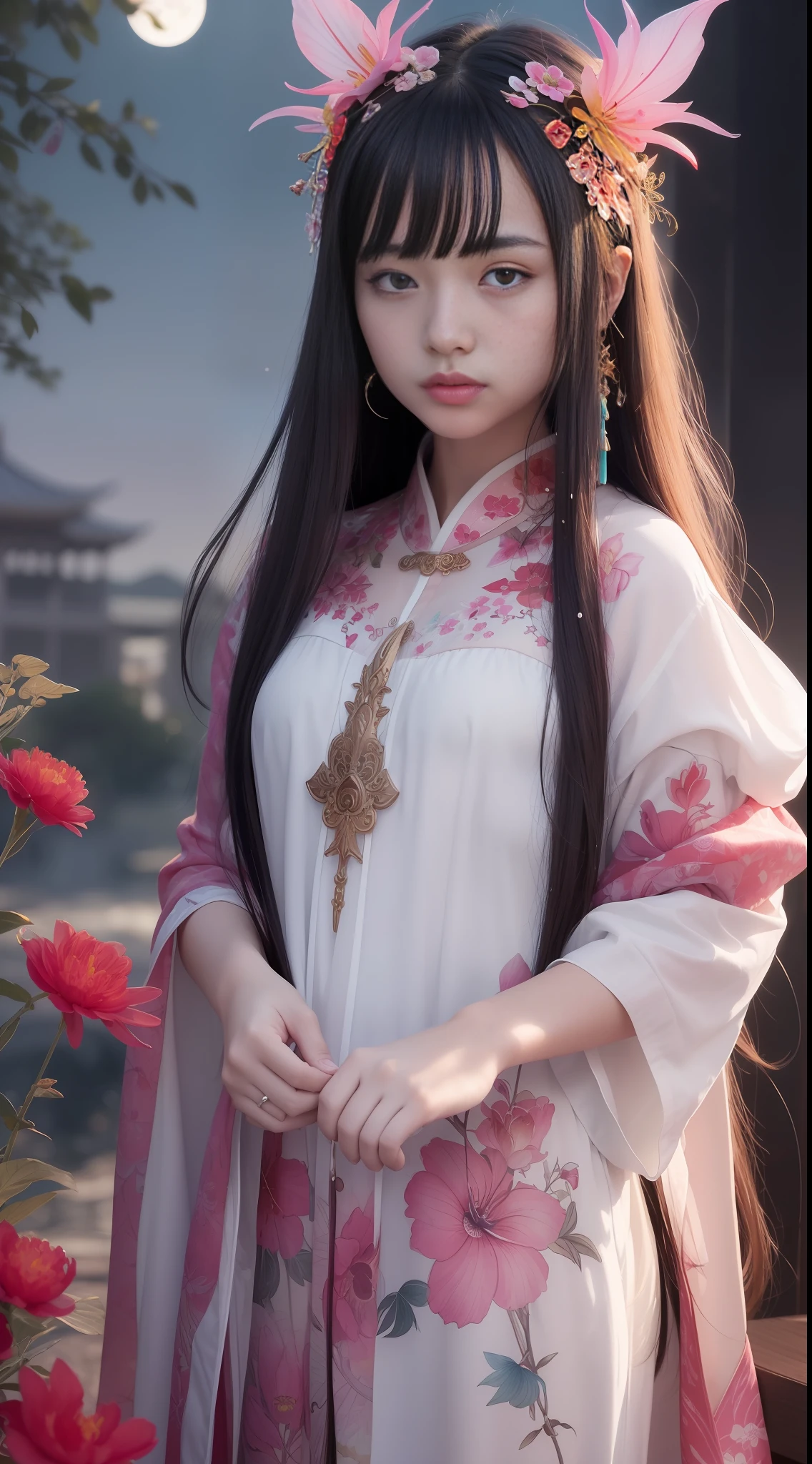 (8k, RAW photo:1.2),best quality, ultra high res,dramatic angle,(fluttered detailed color splashs), (illustration),(((1 girl))),(long hair),(rain:0.9),(hair ornament:1.4),there is an ancient palace beside the girl,chinese clothes,(focus on), color Ink wash painting,(color splashing),colorful splashing,(((colorful))),(sketch:0.8), Masterpiece,best quality, beautifully painted,highly detailed,(denoising:0.6),[splash ink],((ink refraction)), (beautiful detailed sky),moon,highly,detaild,(masterpiece, best quality, extremely detailed CG unity 8k wallpaper,masterpiece, best quality, ultra-detailed),(Lycoris radiata),