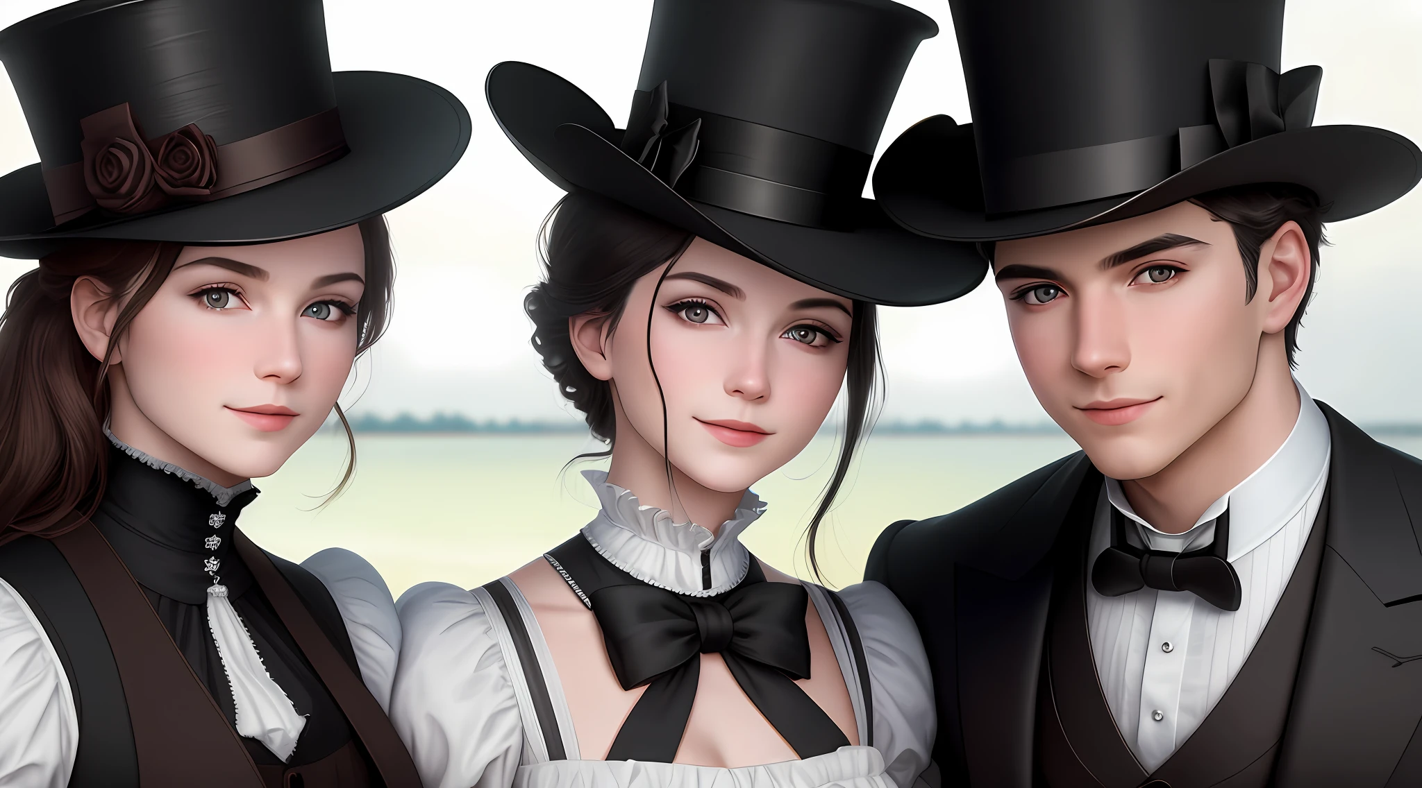 photography, hyper-realism, 8k, industrial revolution, top hat, victorian style, (couple's eyes looking at each other: 2), trirail sailboat in the background, three people, (1boy:1.2) couple, smile, symmetrical action, bottom view , Center Light, Best Light, Volumetric Light, Masterpiece, Facial Close-up, Micro-expression, Eye-to-eye. ——V 6