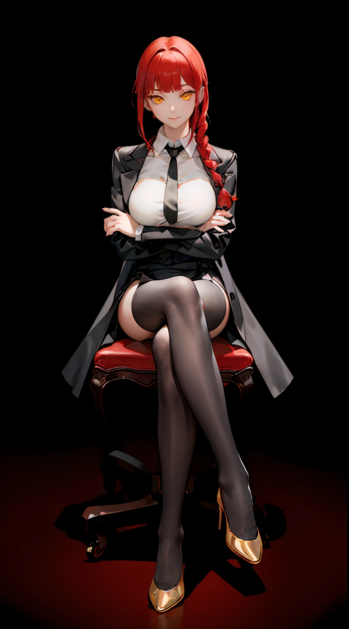 masterpiece, (photorealistic:1.4), best quality, beautiful lighting,KPop idol,adult,white blouse,black tie,high hells,black skirt,black pantyhose,black jacket
(ulzzang-6500:0.5), makima \(chainsaw man\), (red hair)+(long braided hair)+(bangs), yellow eyes, golden eyes, ((ringed eyes)),thighhighs,large breast,full body, detailed face,smile,
RAW photo, 8k uhd, film grain,blurry background,, sitting, (crossed legs:1.1), crossed arms,office chair,workplace
