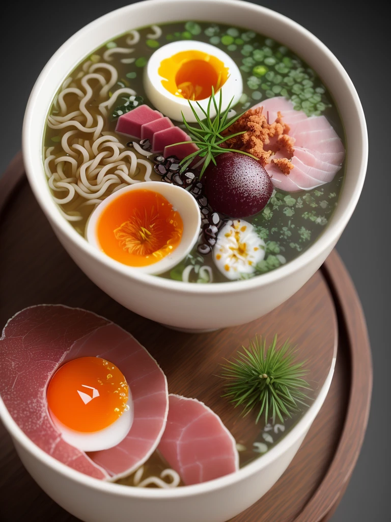 A large ramen with a half boiled egg, a slice of boiled ham, food sticks (still life), (autumn in Japan, sakura blossoms, rock garden, bonsai) fog, haze, high detail, hyperdetail, intricate detail, fine detail, hyperdetail, film, hyperrealistic, hyper realism soft light, studio lighting, diffused soft lighting, shallow depth of field, sharp focus bokeh, raytracing, subsurface scattering, diffused soft lighting, ultradetailed, (intricately detailed, fine details, hyperdetailed), cinematic, surrealism, (Poster: 1.6)
