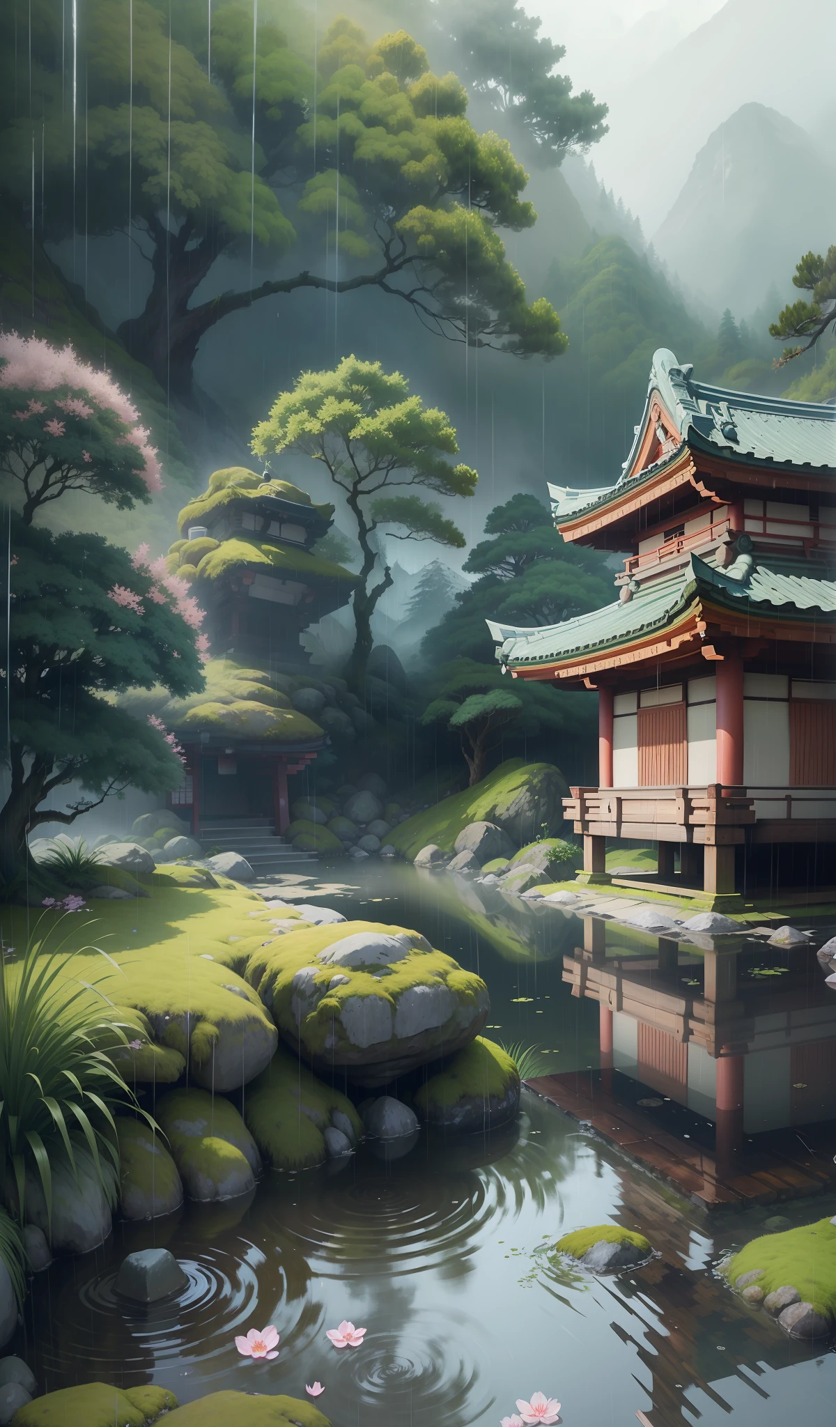 ((masterpiece)),((best quality)),((high detial)),((realistic,)) Ancient Japanese shrines, rain, wet moss, mountains, mist, soft light and shadow, mysterious and charming The atmosphere, the depth of field, the style of the movie "Your Name", --v 6