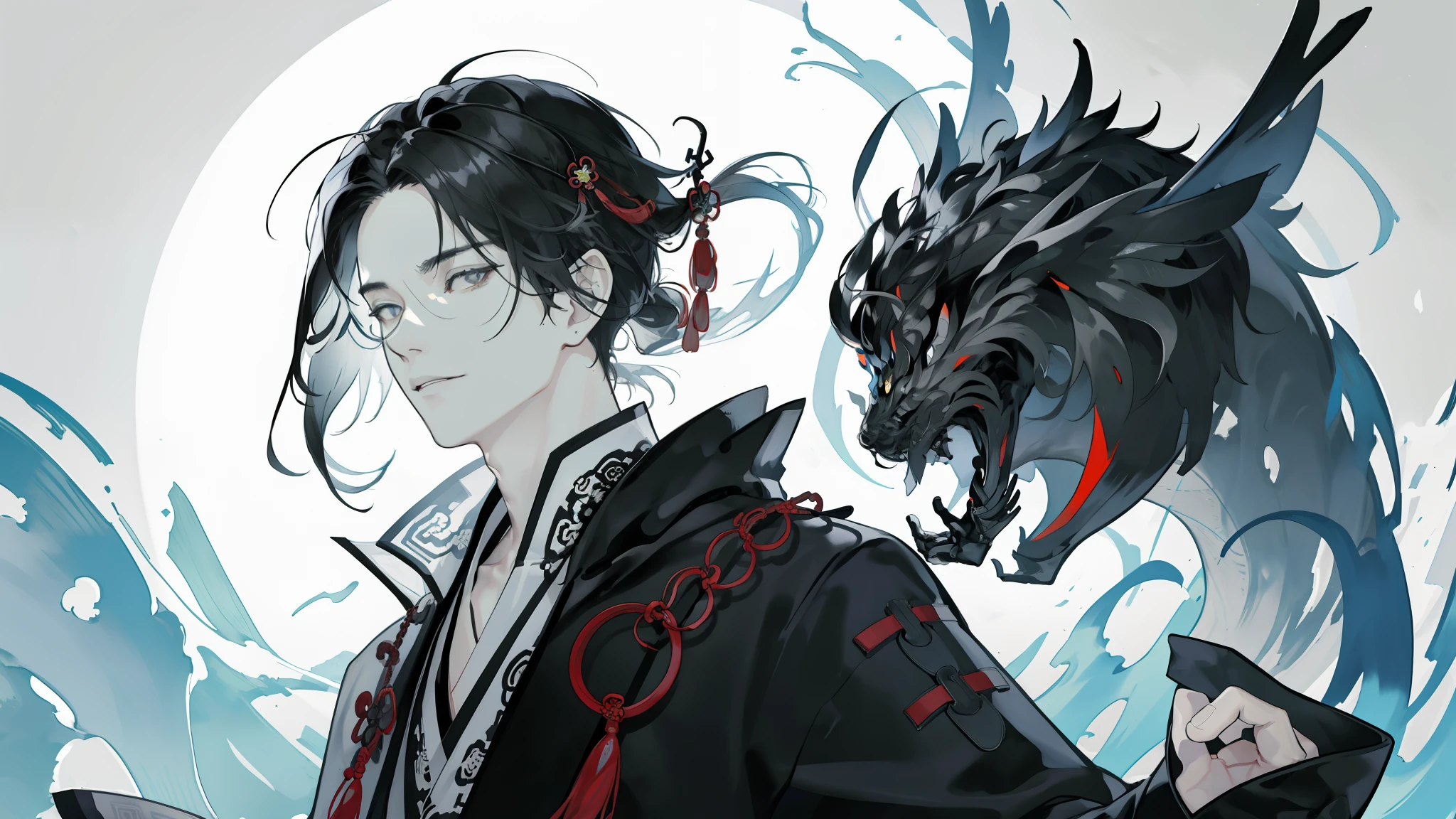 Masterpiece, best quality, (Chinese ink painting), (illustration), (landscape background), 1 man, mature man, Chinese style, (ancient chinese male), (russ mills style), cloak, black hair, (long messy hair), handsome, white clothing, tang dynasty, dark grey, hiroshi yoshida, close-up, (grand background), (chiaroscuro),fine facial details, facial details,cinematic lighting, (depth of field),UHD, (upper body)