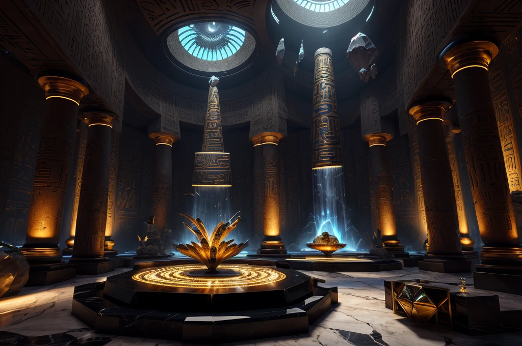 incredible black luxurious futuristic interior in Ancient Egyptian style with many lush plants (lotus flowers:1.5, palm trees:2, rocky walls, sand:1.5, waterfalls:1.2), (incredible ultra-luxurious furniture made out of precious minerals, metals, gemstones and jewels:1.5), marble, precious minerals: 2, metals, gemstones, crystals, clouds and water, crocodiles, egyptian hieroglyphs:1.5, ultra luxury:2, black marble – with beautiful lights:1.5, Unreal Engine, HQ, 16k
