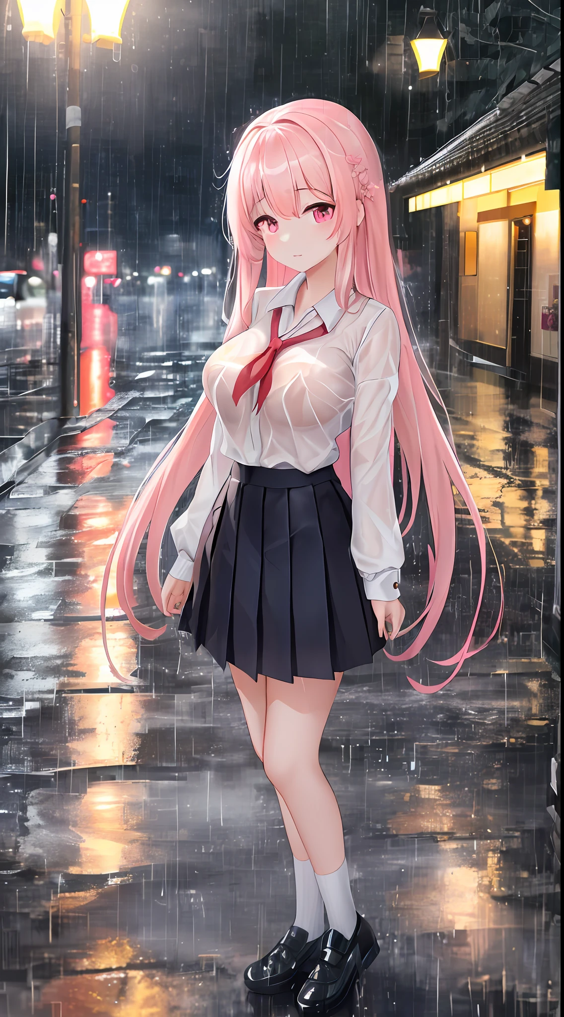 Dynamic angle, very beautiful, very very cute, detailed and delicate, standing on the street, very very young Chinese girl, light pink long hair, wearing school uniform, long hair, super big eyes, (normal breasts, exposed):::1 ), (rainy night, standing in the rain), (best lighting, best shadows, high resolution, ultra-detailed CG, emphasizing the rain): : 0.9