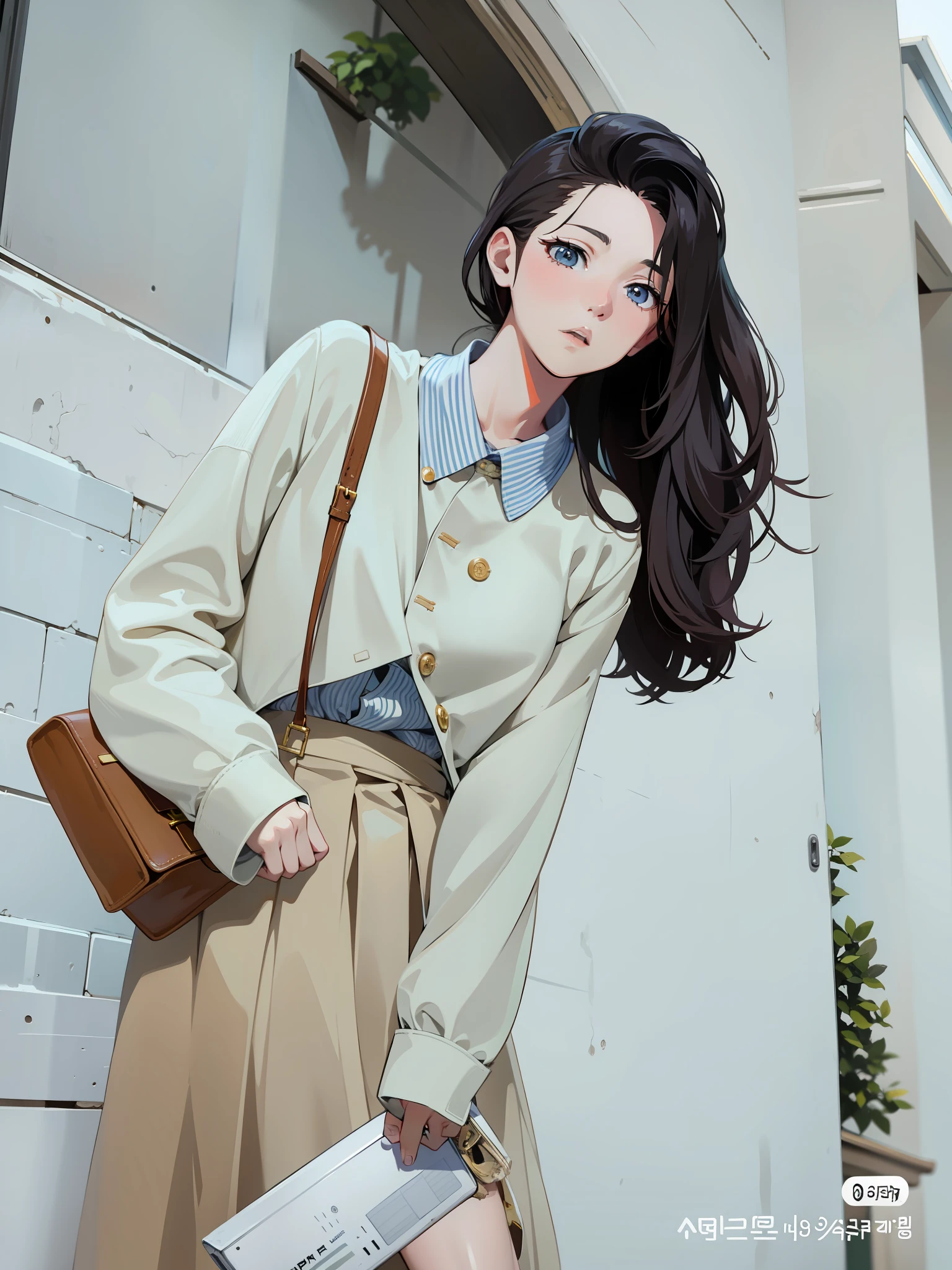 (anime style), cute anime girl, japanese anime girl, Hayao Miyazaki style, delicate pretty face, araffe woman wearing beige skirt and white shirt and tan purse, cropped shirt with jacket, korean female fashion model, loose Coat collar sailor uniform, bae suzy, wearing long flowing dress, elegant slim beige shirt, ulzzang, short wide sleeves, jinyoung shin, cream colored blouse, sha xi, white trendy clothes