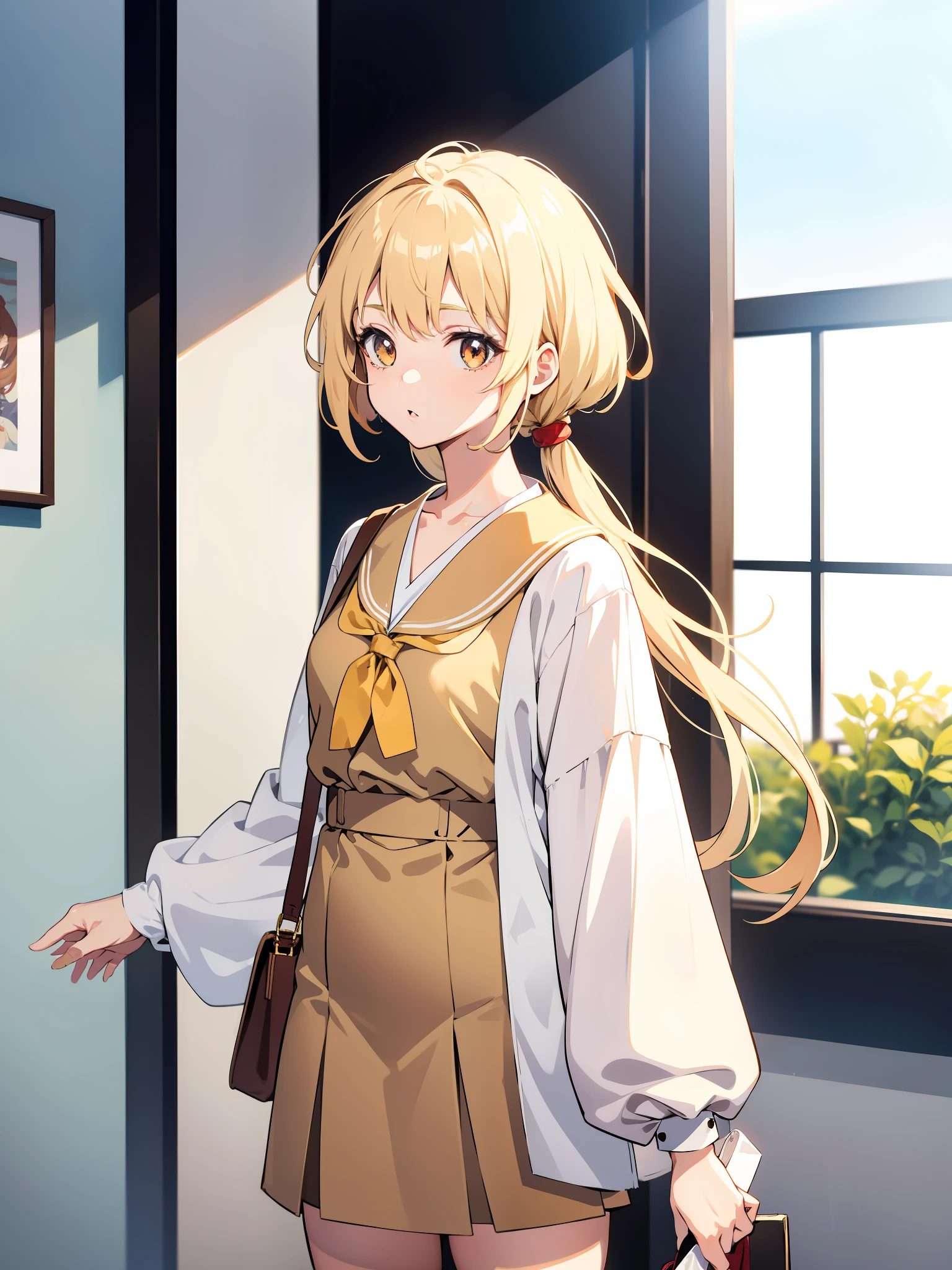 (anime style), cute anime girl, japanese anime girl, Hayao Miyazaki style, delicate pretty face, araffe woman wearing beige skirt and white shirt and tan purse, cropped shirt with jacket, korean female fashion model, loose Coat collar sailor uniform, bae suzy, wearing long flowing dress, elegant slim beige shirt, ulzzang, short wide sleeves, jinyoung shin, cream colored blouse, sha xi, white trendy clothes