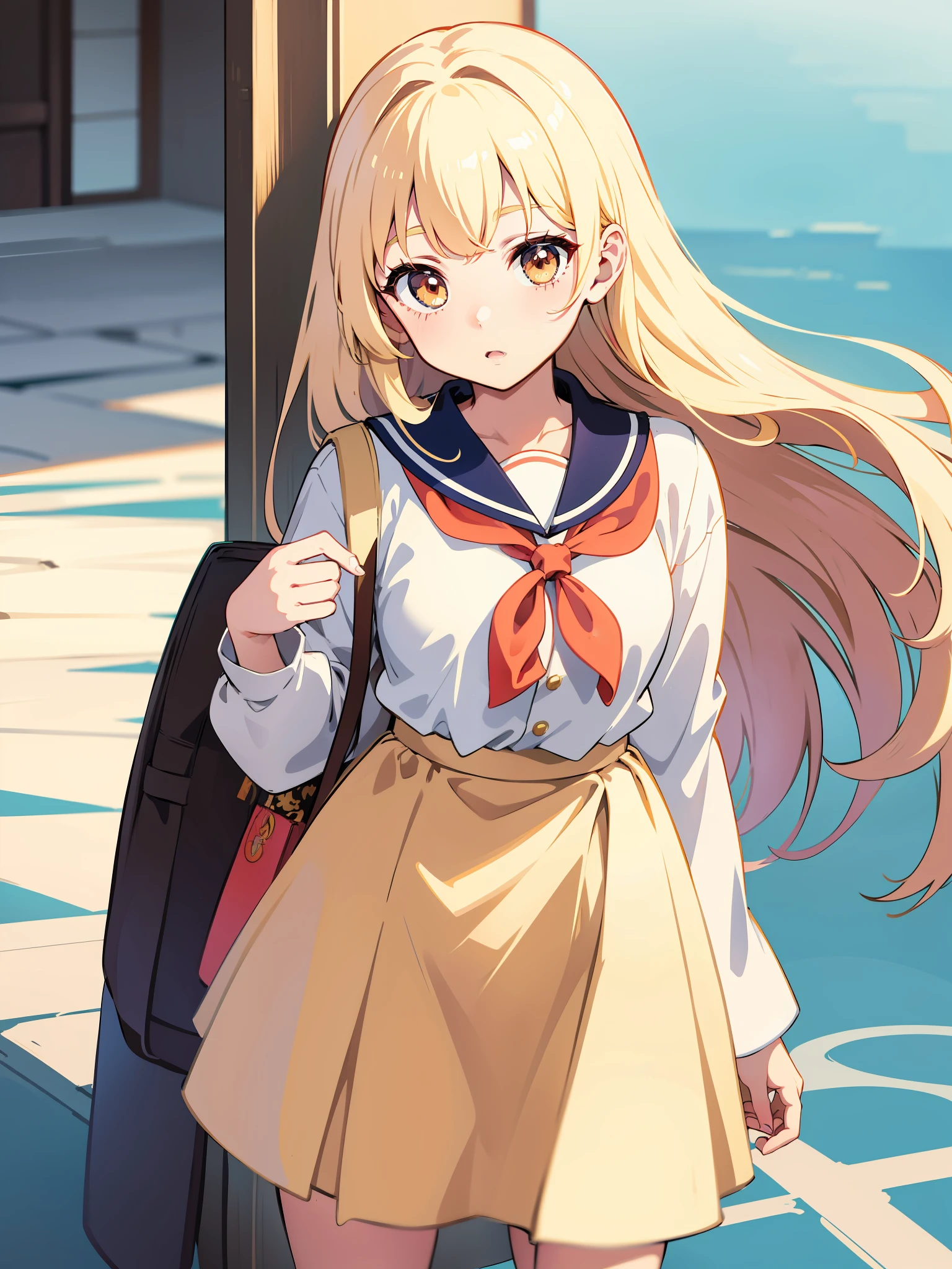 (anime style), cute anime girl, japanese anime girl, Hayao Miyazaki style, delicate pretty face, araffe woman wearing beige skirt and white shirt and tan purse, cropped shirt with jacket, korean female fashion model, loose Coat collar sailor uniform, bae suzy, wearing long flowing dress, elegant slim beige shirt, ulzzang, short wide sleeves, jinyoung shin, cream colored blouse, sha xi, white trendy clothes