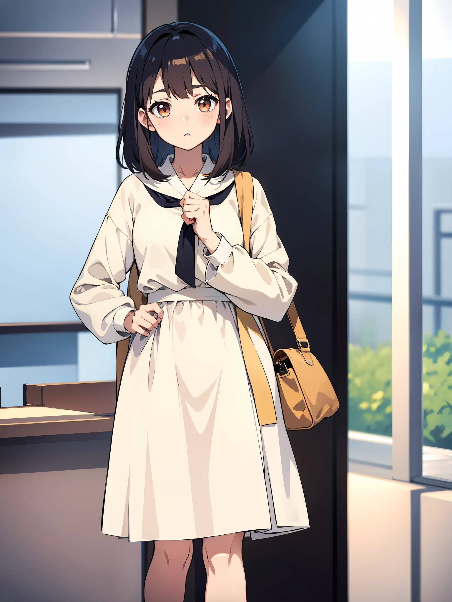 (anime style), cute anime girl, japanese anime girl, Hayao Miyazaki style, delicate pretty face, araffe woman wearing beige skirt and white shirt and tan purse, cropped shirt with jacket, korean female fashion model, loose Coat collar sailor uniform, bae suzy, wearing long flowing dress, elegant slim beige shirt, ulzzang, short wide sleeves, jinyoung shin, cream colored blouse, sha xi, white trendy clothes