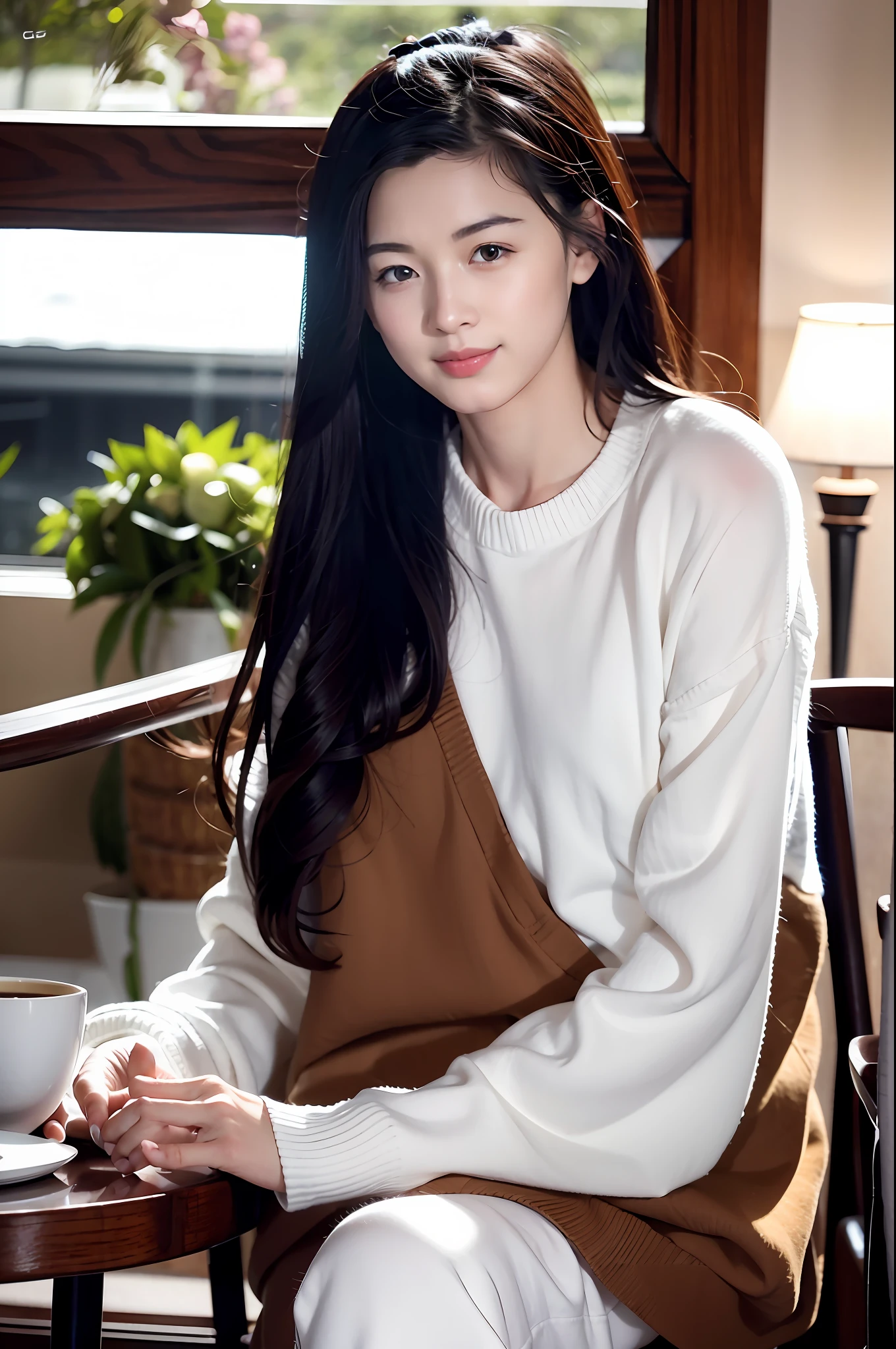 Sitting and chatting, facing the camera sideways, warm pictures, feeling of being in love, coffee shop, quiet environment, comfortable light, smiling at each other, casual clothes, extreme details, gentle, beautiful, and realistic. happy, happy, warm,