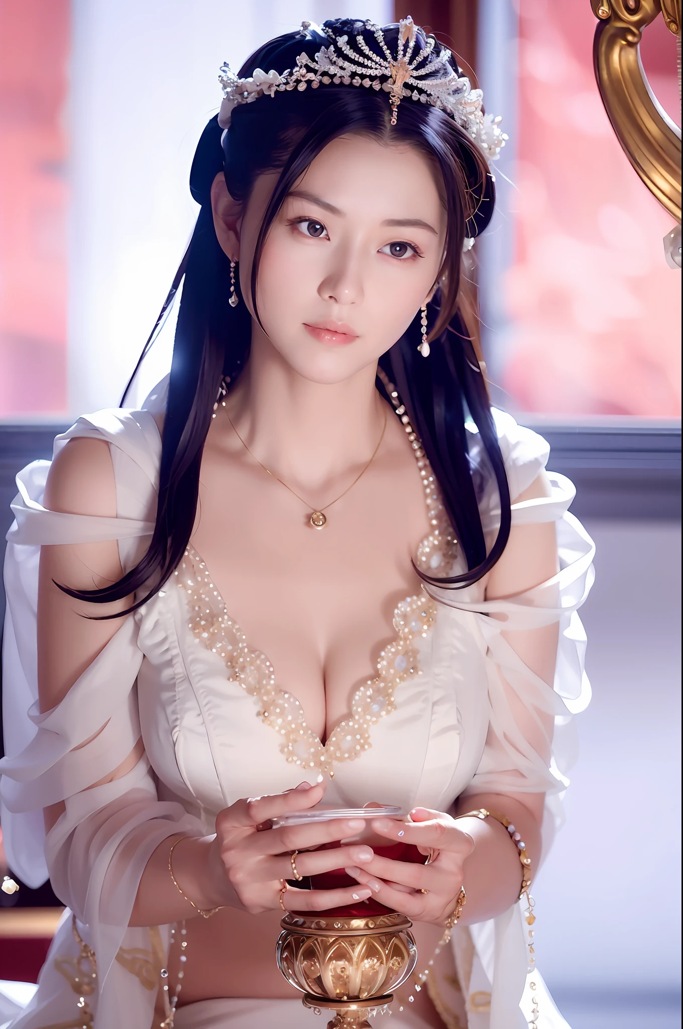 Stunning, masterpiece, high detail, semi-realistic, 1 female, milf, upper body, priest, hiqcgbody, medium pecs, cleavage, perfect face, red eyes, white hair, jewelry, gems, necklace, background castle, depth of field, blurred background, looking at the viewer, motion blur, dynamic angles,