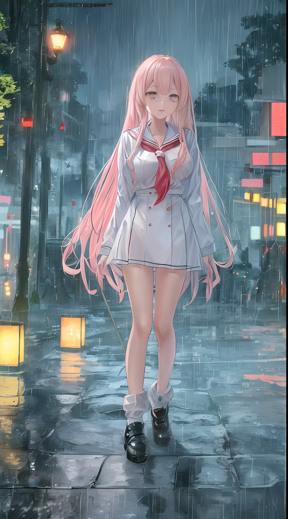 Dynamic angle, very beautiful, very very cute, detailed and delicate, lying on the street with legs spread, very very young Chinese girl, light pink long hair, wearing school uniform, long hair, oversized eyes, (normal breasts, exposed):: :1), (rainy night, standing in the rain), (best lighting, best shadows, high resolution, ultra-detailed CG, emphasizing the rain):: 0.9
