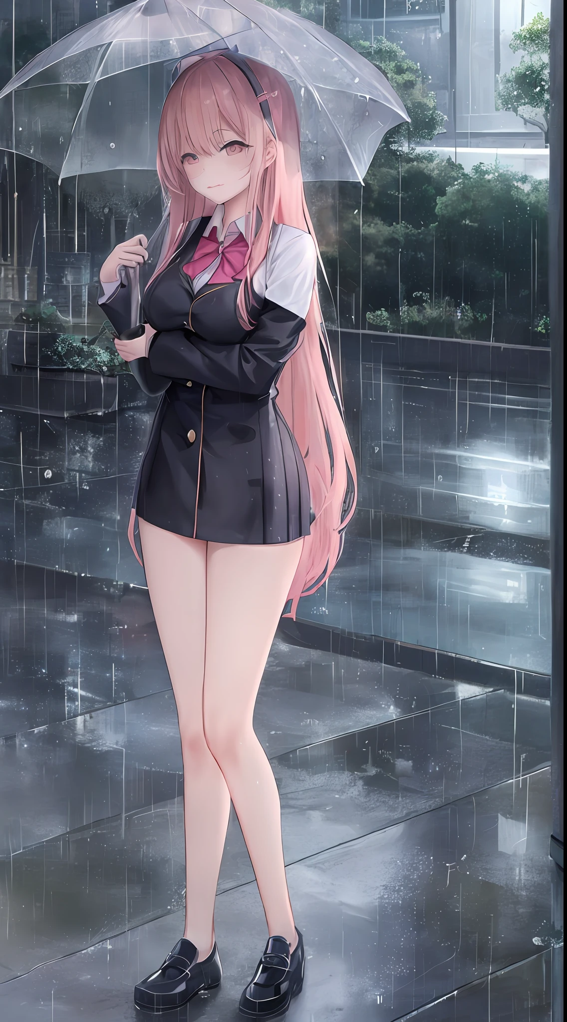 Dynamic angle, very beautiful, very very cute, detailed and delicate, lying on the street with legs spread, very very young Chinese girl, light pink long hair, wearing school uniform, long hair, oversized eyes, (normal breasts, exposed):: :1), (rainy night, standing in the rain), (best lighting, best shadows, high resolution, ultra-detailed CG, emphasizing the rain):: 0.9