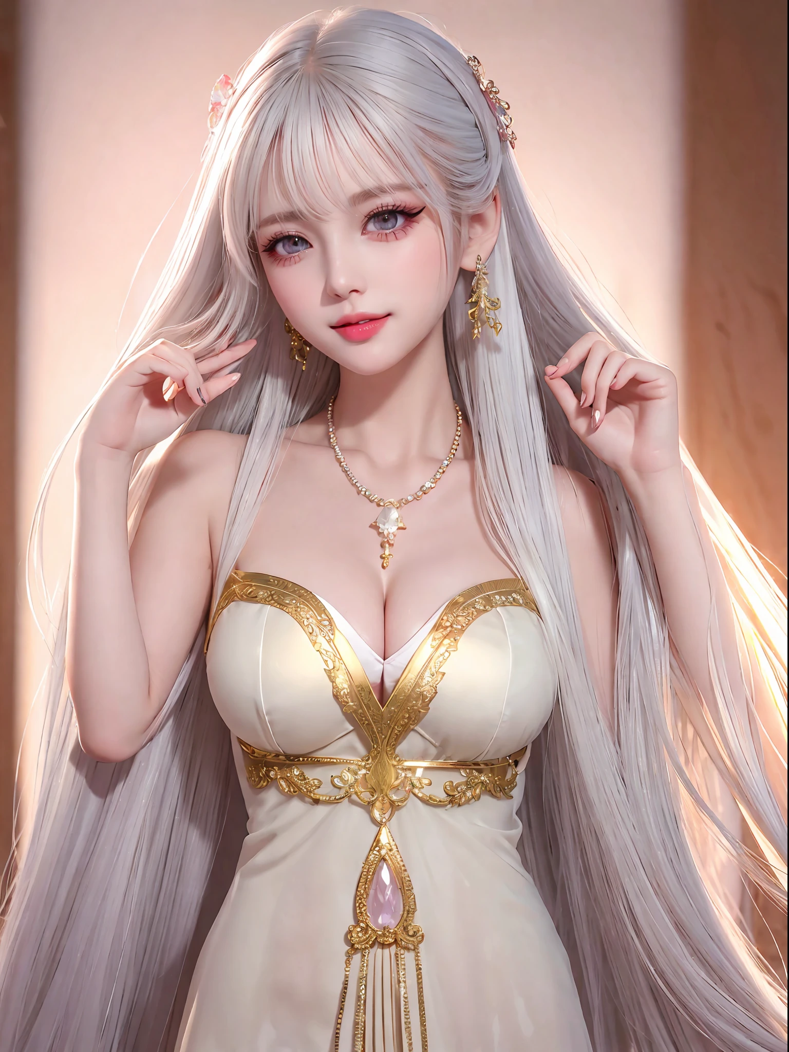 Female teacher standing in the classroom v6, necklace, earrings, full body v6, long white hair, translucent clothes, visible, superb, ultra-high-definition, RAW photo, realism: 1.25), (bright lip gloss, long eyelashes, smooth face, light skin, natural shadows, wide light, wide light, depth of field, strong colors, subtle caustics: 0.8), smile, (big tits), v6