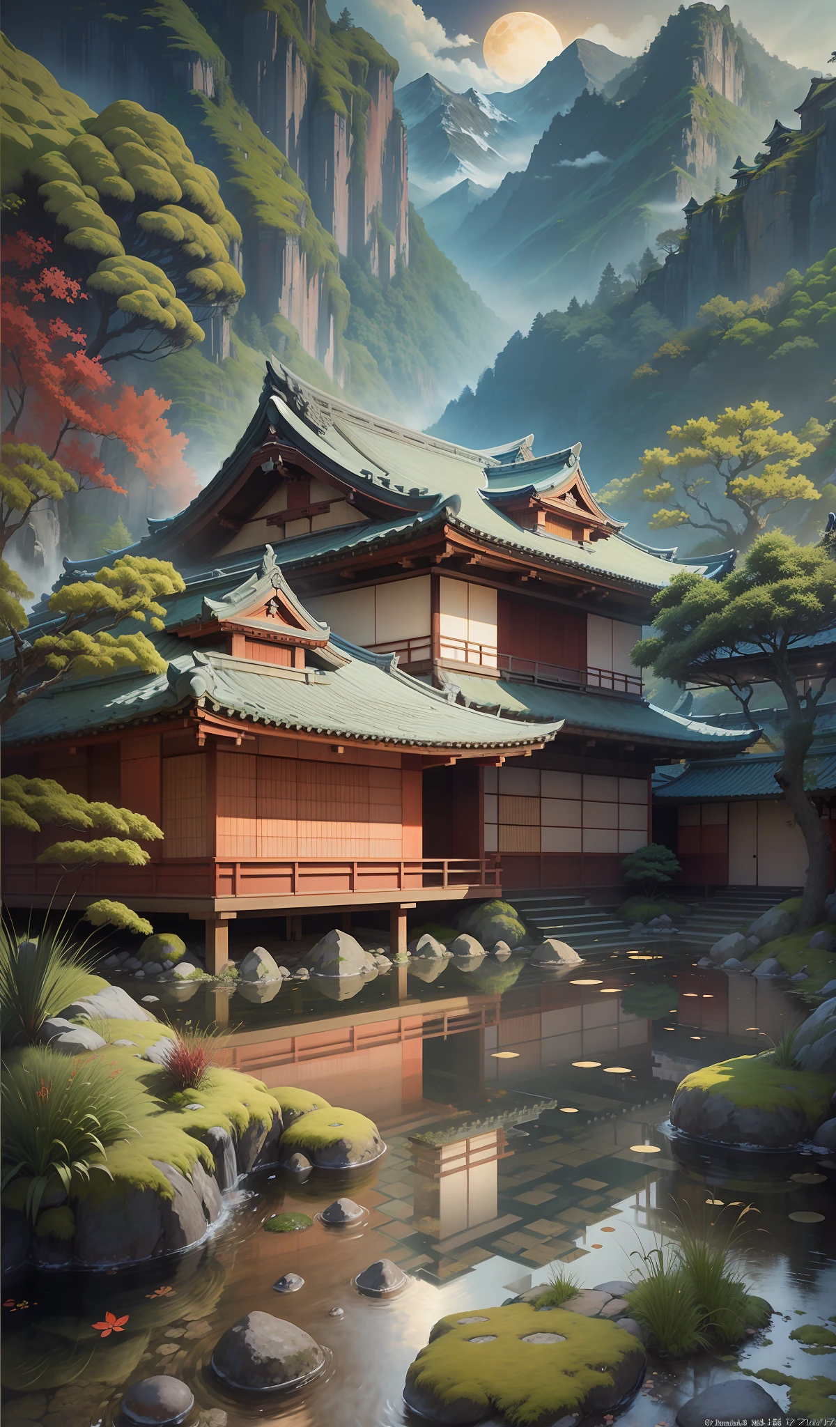 ((masterpiece)),((best quality)),((high detial)),((realistic,)) Traditional Japanese architecture, red scale tile roof, exquisite carvings, drizzle, moss-covered stone slabs, stream, Mountains, moonlight, soft light, mysterious and charming atmosphere, the style of the movie "Your Name", --v 6