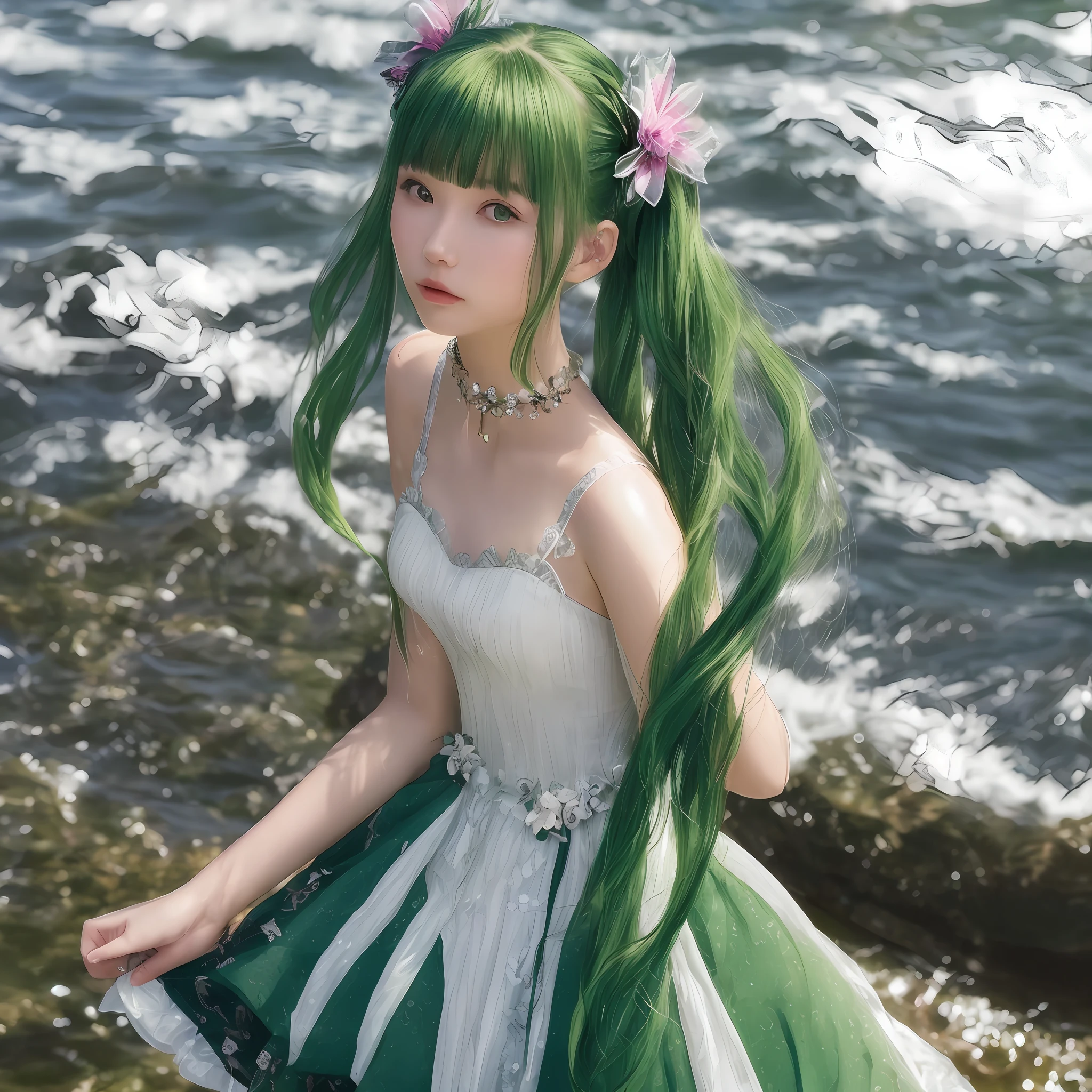 1girl, solo, hair ornament, green hair, twintails, long hair, dress, water