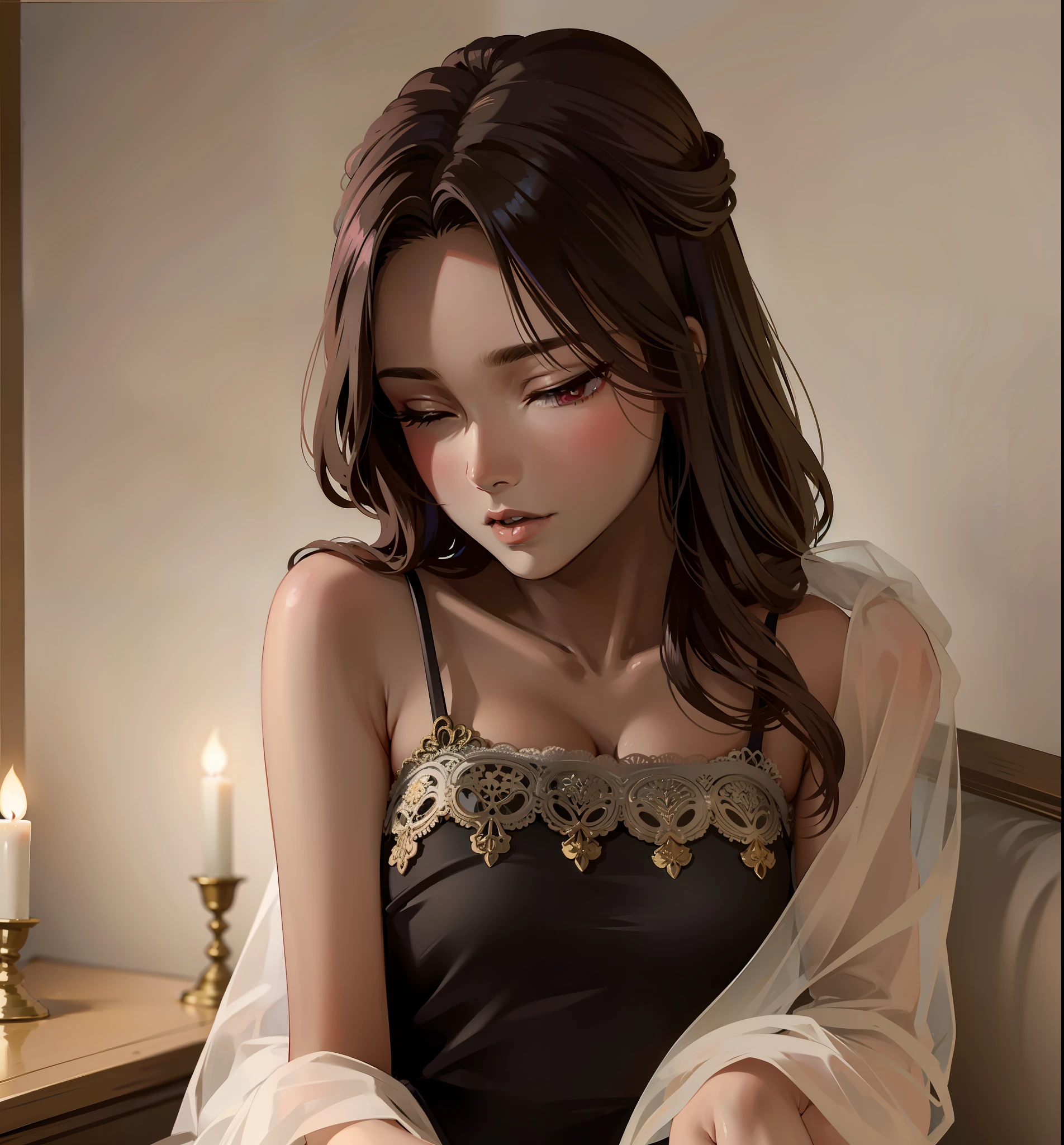 (anime style), shy anime girl, (Hayao Miyazaki style), pink lips, lightly closed eyes, araffe woman in a black dress sitting on a couch with a candle, gorgeous young korean woman, beautiful south korean woman, beautiful young korean woman, seductive lingerie camisole, korean women's fashion model, ethereal beauty, heonhwa choe, lovely woman, korean girl, korean woman, wearing black camisole, seductive camisole