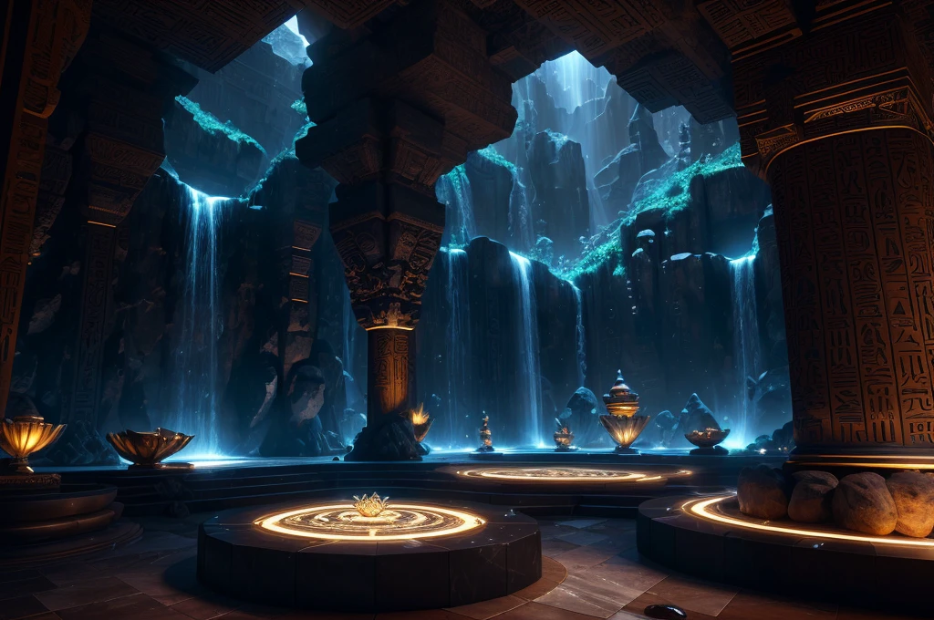 incredible black luxurious futuristic bedroom interior in Ancient Egyptian style with many lush plants (lotus flowers:1.5, palm trees:2, rocky walls, sand:1.5, waterfalls:1.2), (incredible ultra-luxurious furniture made out of precious minerals, metals, gemstones and jewels:1.5), marble, precious minerals: 2, metals, gemstones, crystals, clouds and water, crocodiles, hieroglyphics:1.5, ultra luxury:2, black marble – with beautiful lights:1.5, Unreal Engine, HQ, 16k