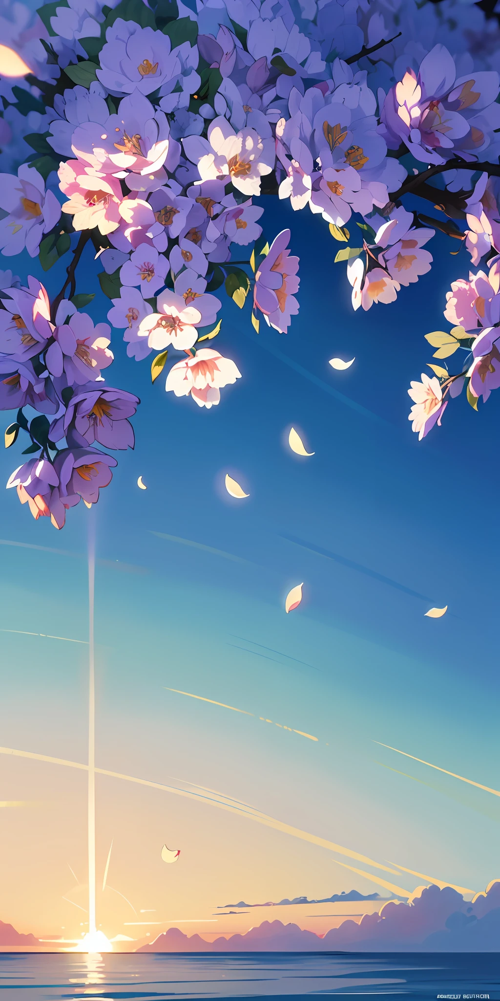 Masterpiece, best quality, (very detailed CG unity 8k wallpaper) (best quality), (best illustration), (best shadows) Nature&#39, blue sea,delicate leaves petals of various colors falling in the air light Tracking, super detailed --v6