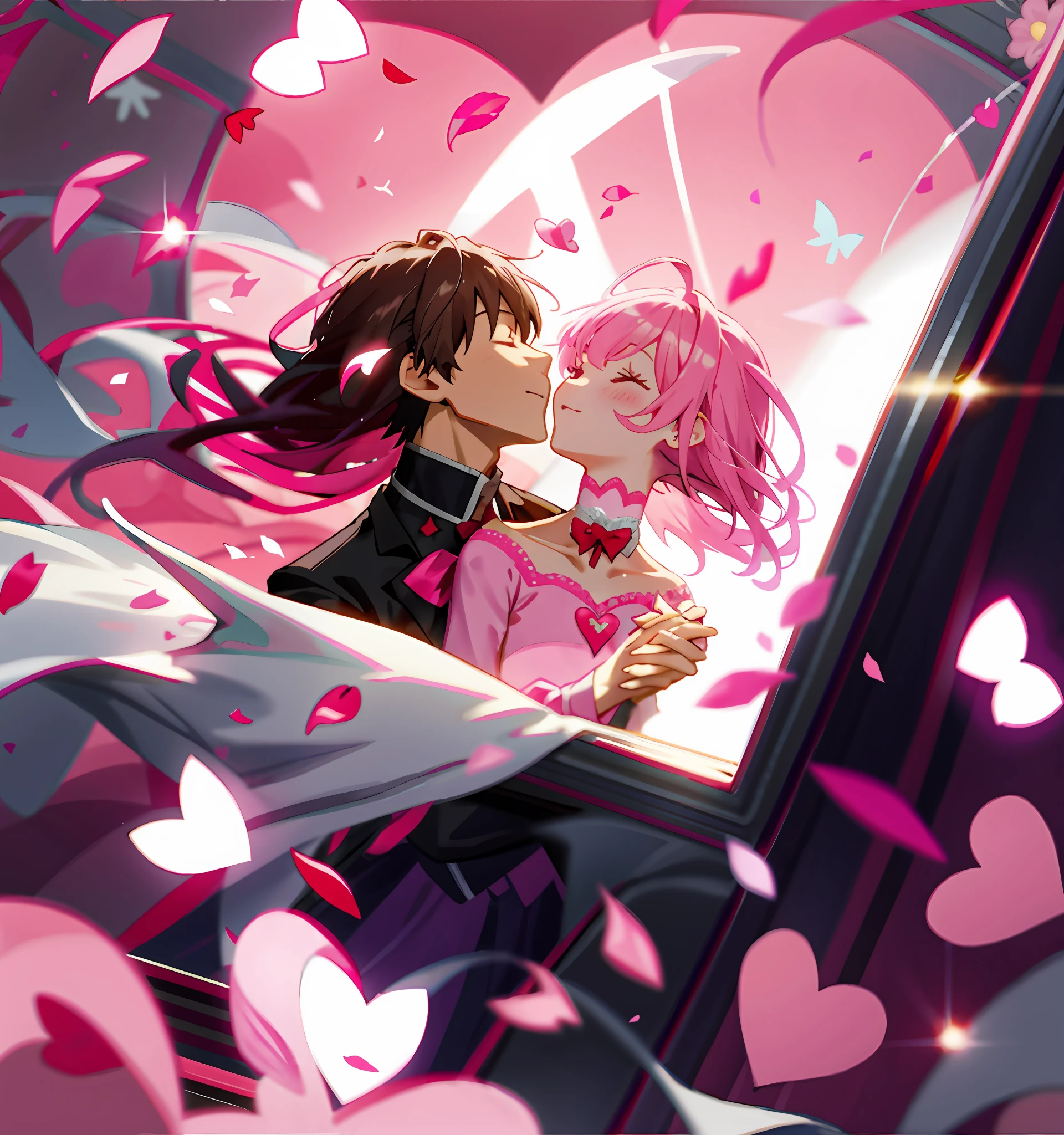 (Valentine's Day card) beautiful pink heart-shaped card with delicate floral patterns, (romantic atmosphere:0.8, dreamy atmosphere:0.7), (love message:0.9, happy couple:0.8), ((pink:1.2)|(red:1.1)) rose petals, (candles:0.8, fairy lights:0.7), (couple kissing:1.2, holding hands:1.1), (soft music:0.8, romantic music:0.6), (airplane:0.7, heart-shaped balloon:0.8), (warm glow:0.9, bokeh:0.8), (sparkles:0.7, glitter:0.6), (soft focus:0.8, shallow depth of field:0.7)