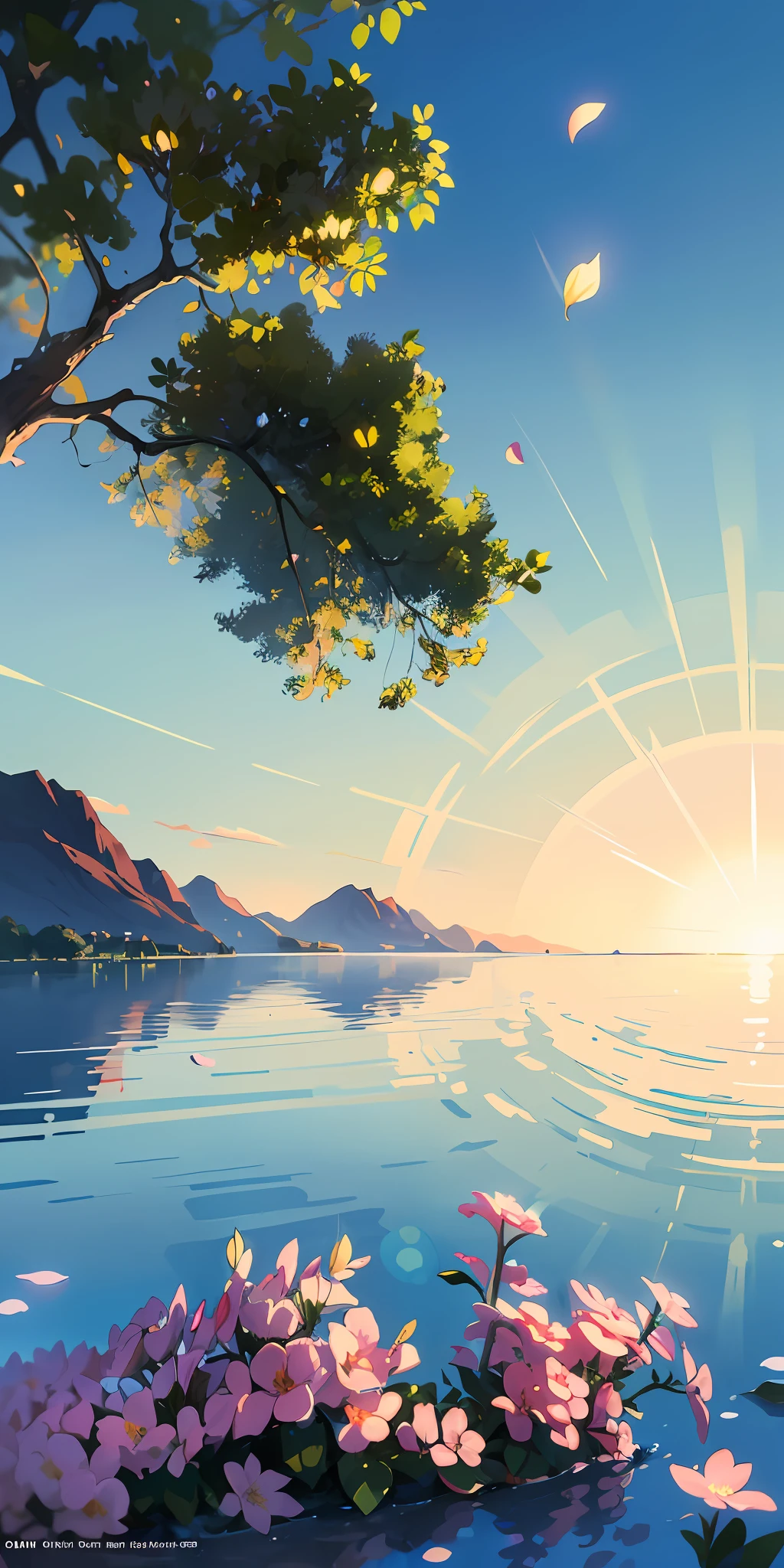 A painting of a lake with flowers and a tree in the background - SeaArt AI