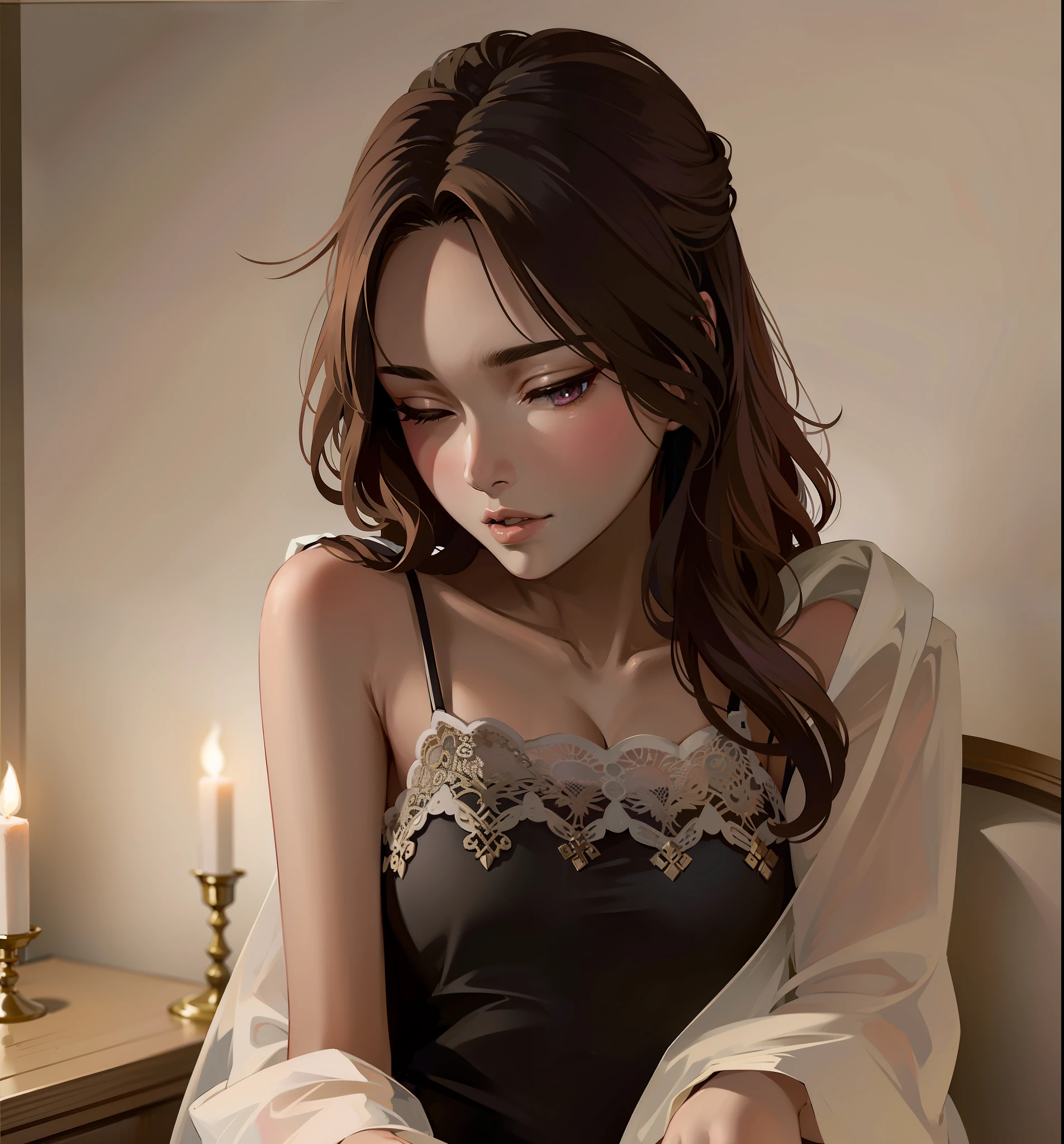 (anime style), (shy anime girl), (soft background light), (chiaroscuro), (Hayao Miyazaki style), pink lips, lightly closed eyes, araffe woman in a black dress sitting on a couch with a candle, gorgeous young korean woman, beautiful south korean woman, beautiful young korean woman, seductive lingerie camisole, korean women's fashion model, ethereal beauty, heonhwa choe, lovely woman, korean girl, korean woman, wearing black camisole, seductive lingerie camisole Vest