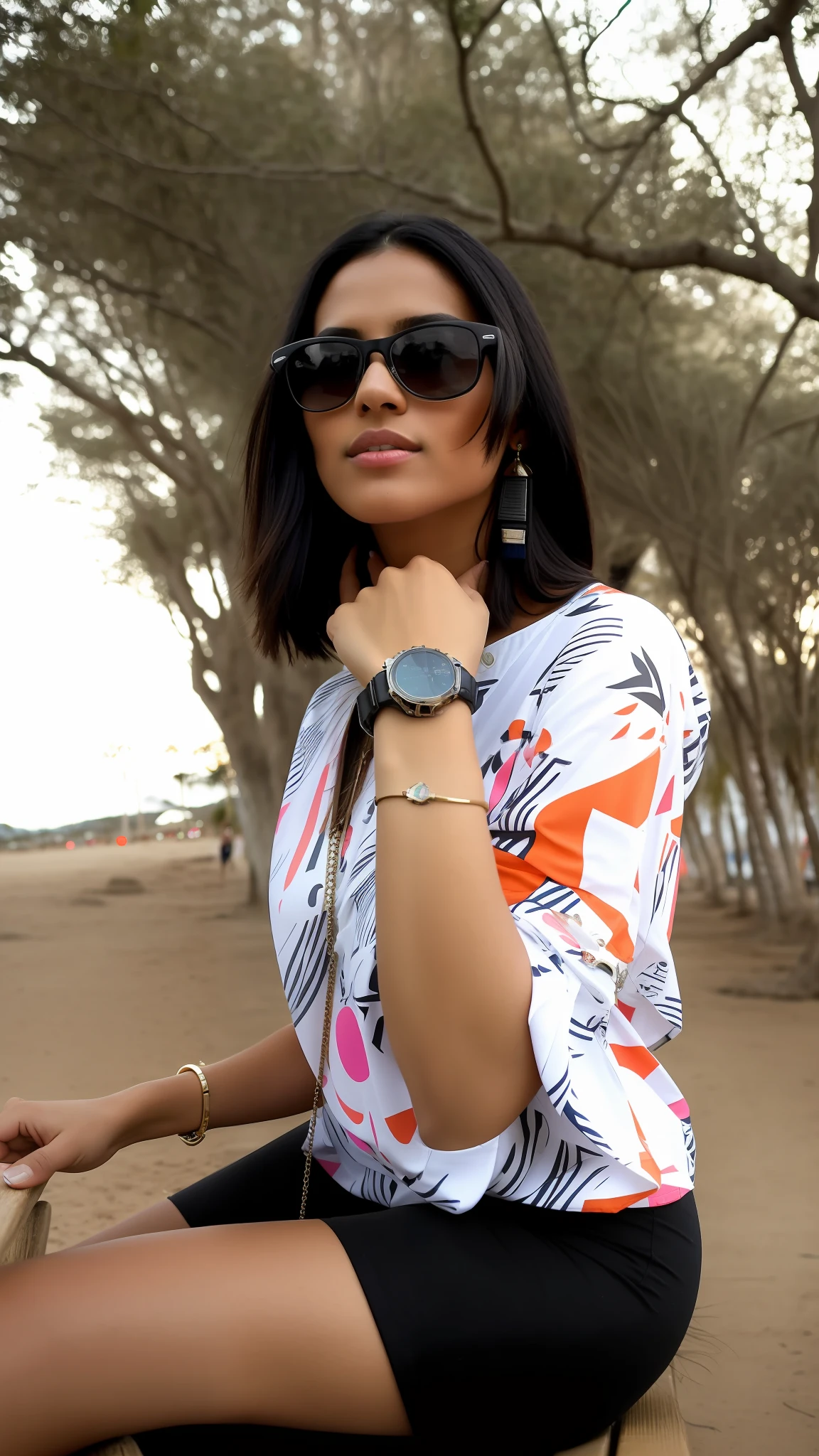 woman sitting on a bench with a watch on her wrist, stylish pose, with a cool pose, stylish, wearing futuristic, with sunglass, wearing a designer top, mix between tribal and hi-tech, wearing a watch, portrait pose, wears a watch, taken with a canon eos 5d, taken with a canon eos 5 d, full pose, night!
