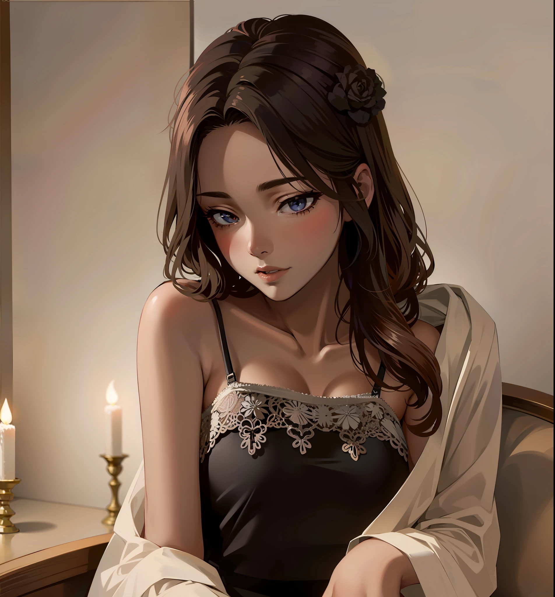 (anime style), shy anime girl, (Hayao Miyazaki style), araffe woman in a black dress sitting on a couch with a candle, gorgeous young korean woman, beautiful south korean woman, beautiful young korean woman, seductive lingerie camisole, korean women&#39;s fashion model, ethereal beauty, heonhwa choe, lovely woman, korean girl, korean woman in black camisole, seductive camisole