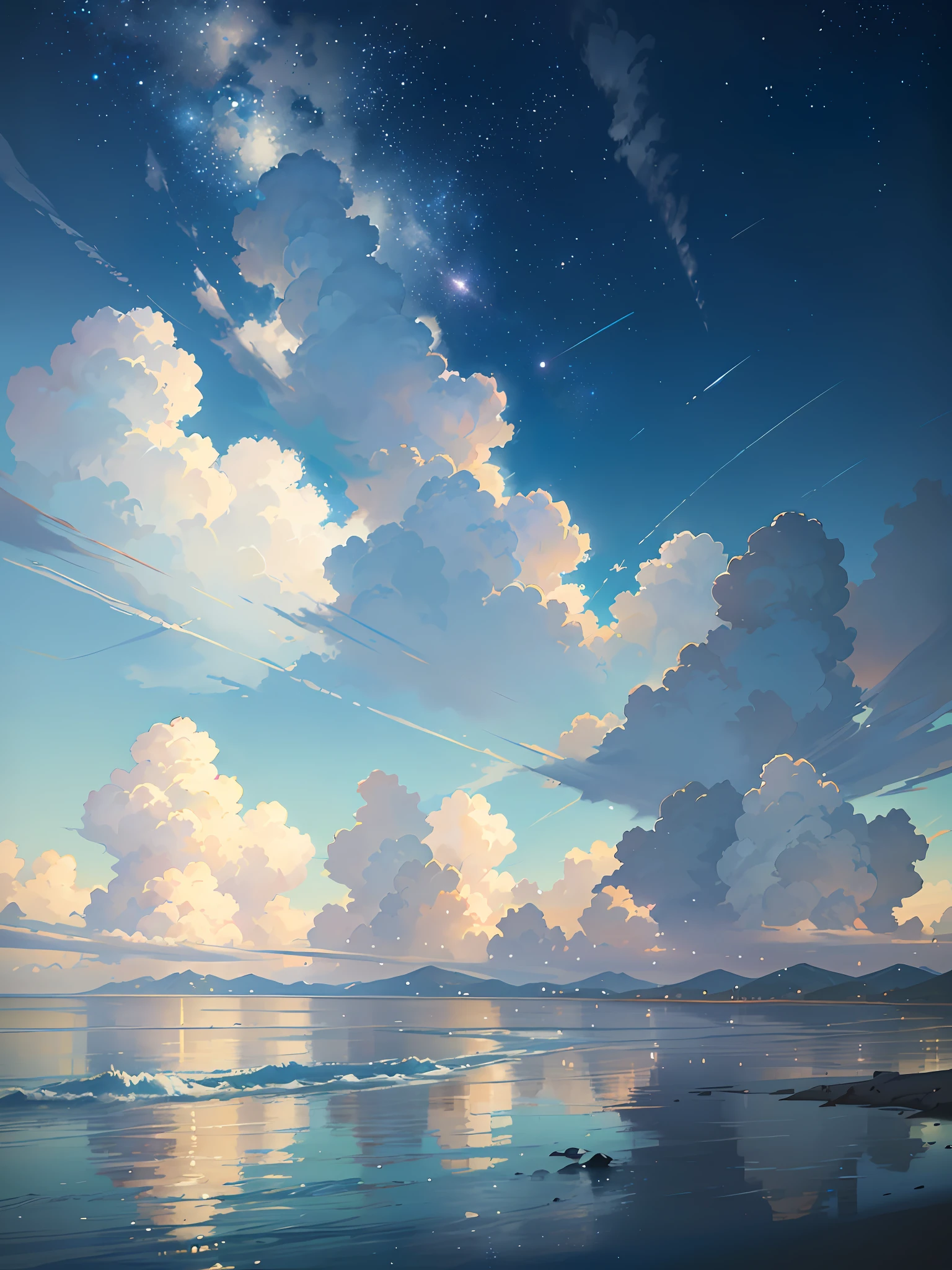Summer, Makoto Shinkai's concept art, tumblr, magic realism, beautiful anime scenes, beautiful skies. by makoto shinkai, ( ( makoto shinkai ) ), anime background art, anime backgrounds, Makoto Shinkai's style, anime movie backgrounds, galaxy express, no humans. --v6