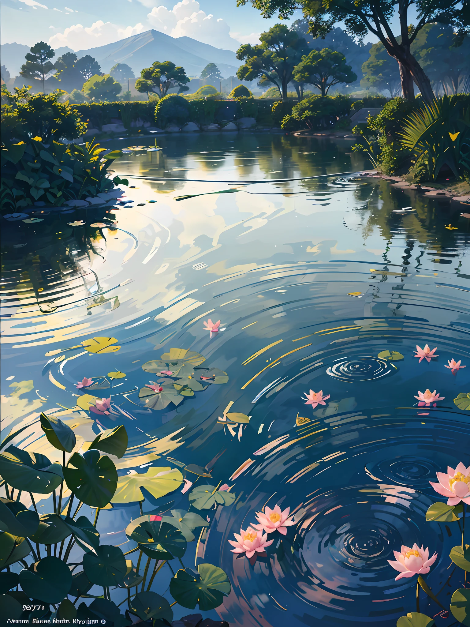 Wallpaper, summer pond, pond, boat, afternoon sun, surrounded by lotus leaves, pond background, depth of field, hot weather, high definition detail, wet watermark, ultra detail, movie, surreal, soft light, deep field focus bokeh, Ray Tracing, Diffuse (Extra Fine Glass Reflections), and Hyperrealism. --v6
