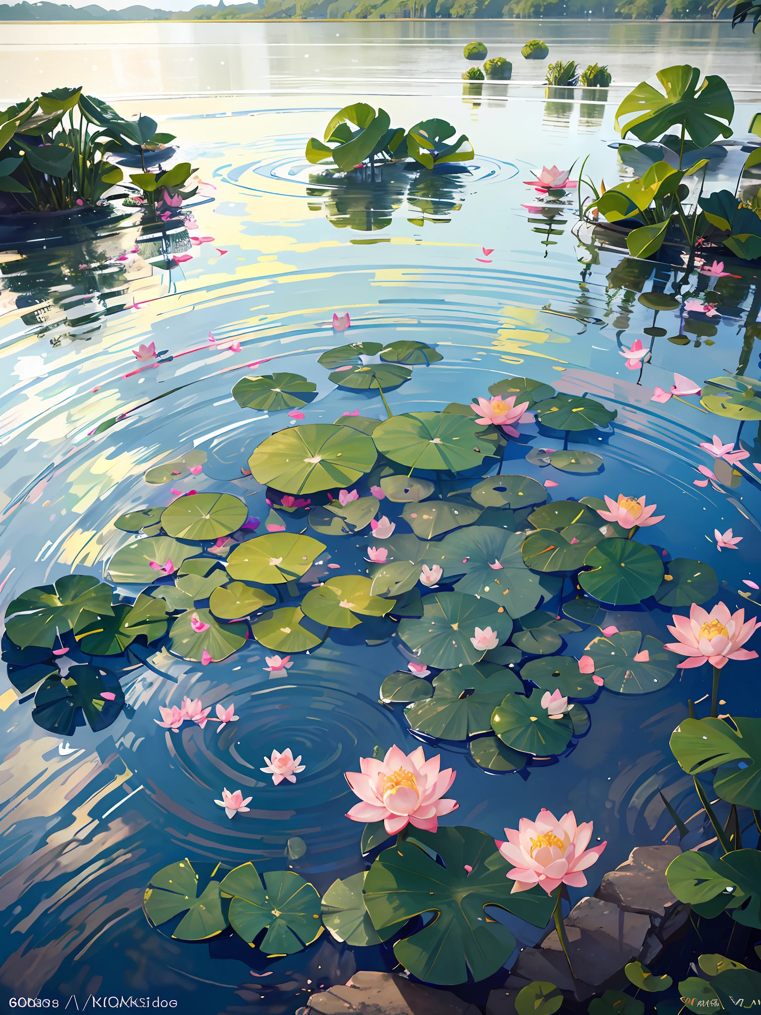 Wallpaper, summer pond, pond, boat, afternoon sun, surrounded by lotus leaves, pond background, depth of field, hot weather, high definition detail, wet watermark, ultra detail, movie, surreal, soft light, deep field focus bokeh, Ray Tracing, Diffuse (Extra Fine Glass Reflections), and Hyperrealism. --v6