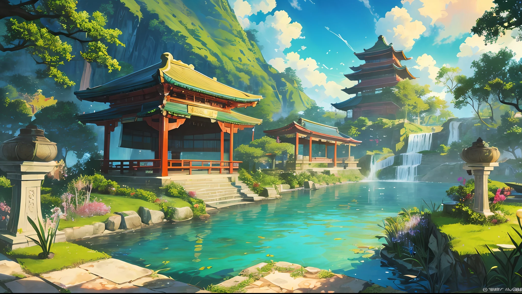 The game scene is a colorful wonderland. The towering green hills are shrouded in clouds and mists; the waterfalls are flying down, splashing water; the swaying green bamboos are blowing by the breeze; The Immortal Pavilion is majestic and majestic, resplendent in gold and jade, and practitioners walk in it full of immortality. The whole picture exudes mystery and fantasy, making people feel like they are in a fantasy fairyland. ,((Color Ink)),((泡波ink)),((splash ink) ink}) ), masterpiece, high quality, beautiful graphics, high detail