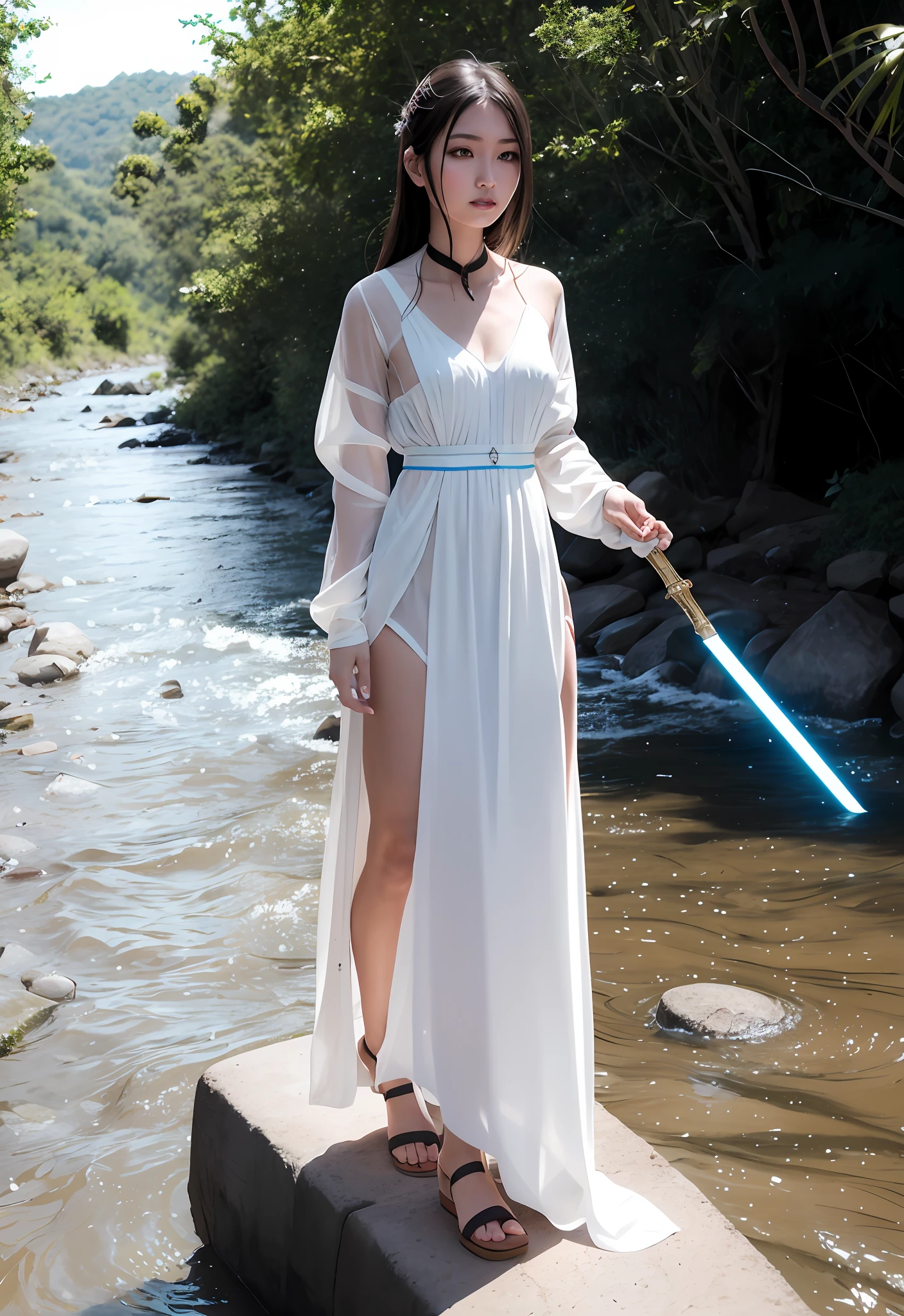 A tall, beautiful girl stands on the river bank, dressed in a light tunic. With a saber on her side, she looks at the rapid flow of the river.