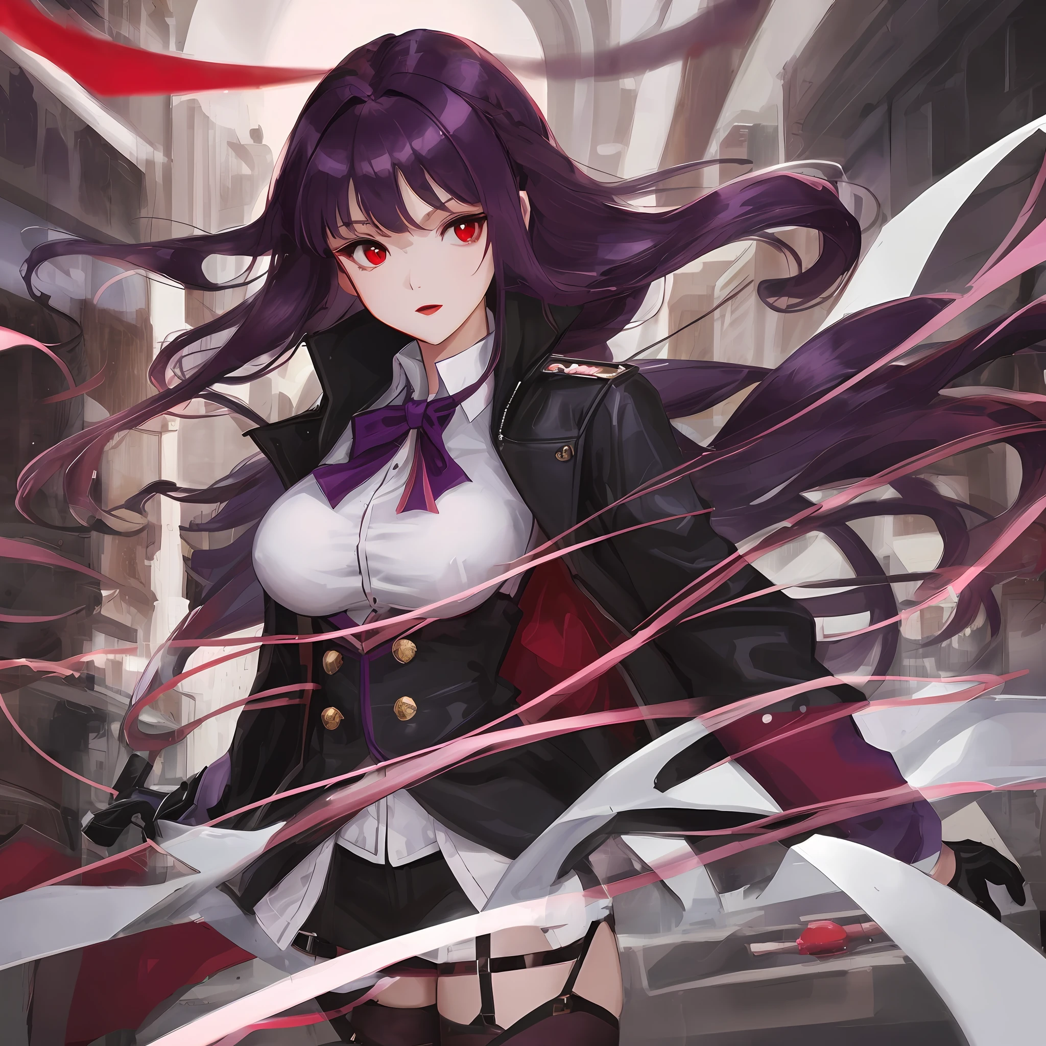 Dark purple hair, red eyes, royal sister, stockings, jacket, white shirt, big breasts, sick