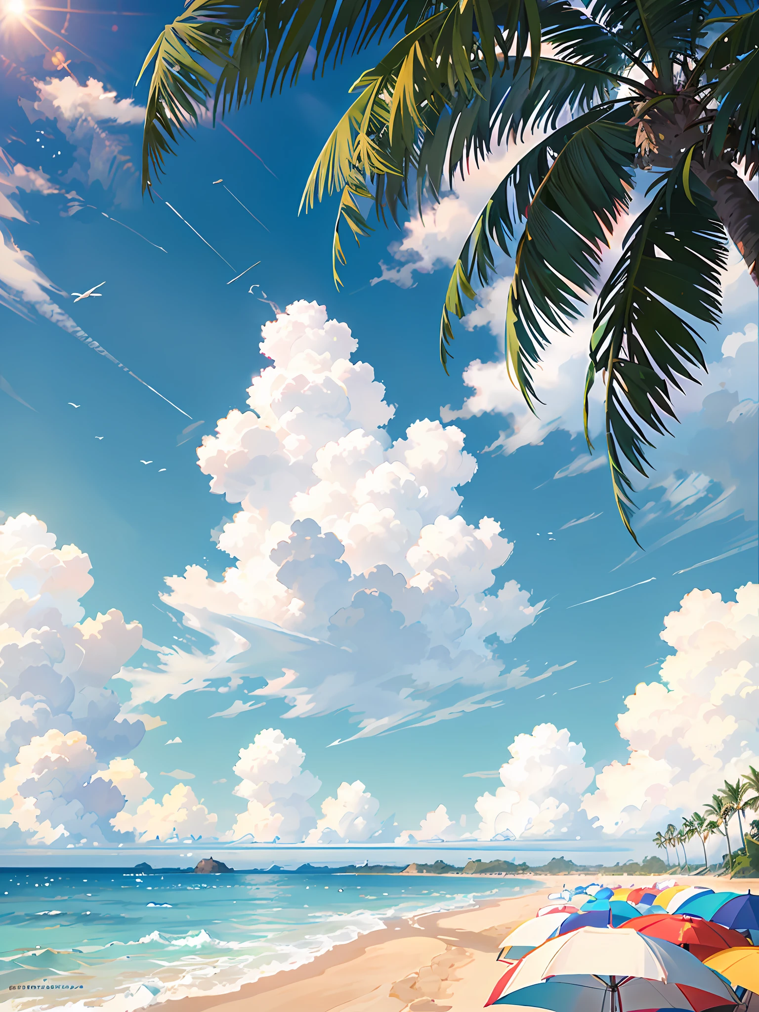 Summer, Sun, Ocean, Beach, Vacation, Umbrellas, Coconut Palms, Hot Weather, HD Detail, Moist Watermark, Ultra Detail, Film, Hyper Realism, Soft Light, Deep Focus Bokeh, Ray Tracing, and Hyper Realism . --v6