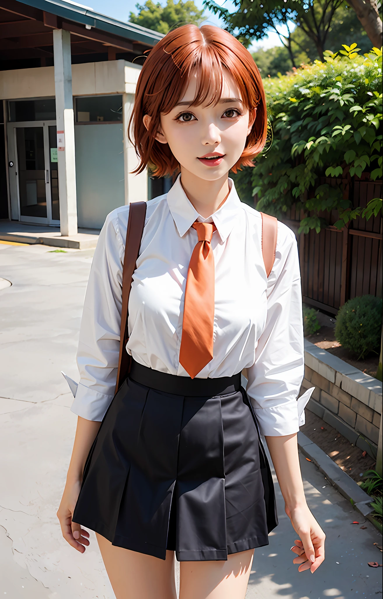 (Lori), girl, lively and cute, cute hair accessories, (1girl), short orange hair, red tie, dramatic expression, white short shirt, mini skirt, fresh air, summer breeze, natural light.