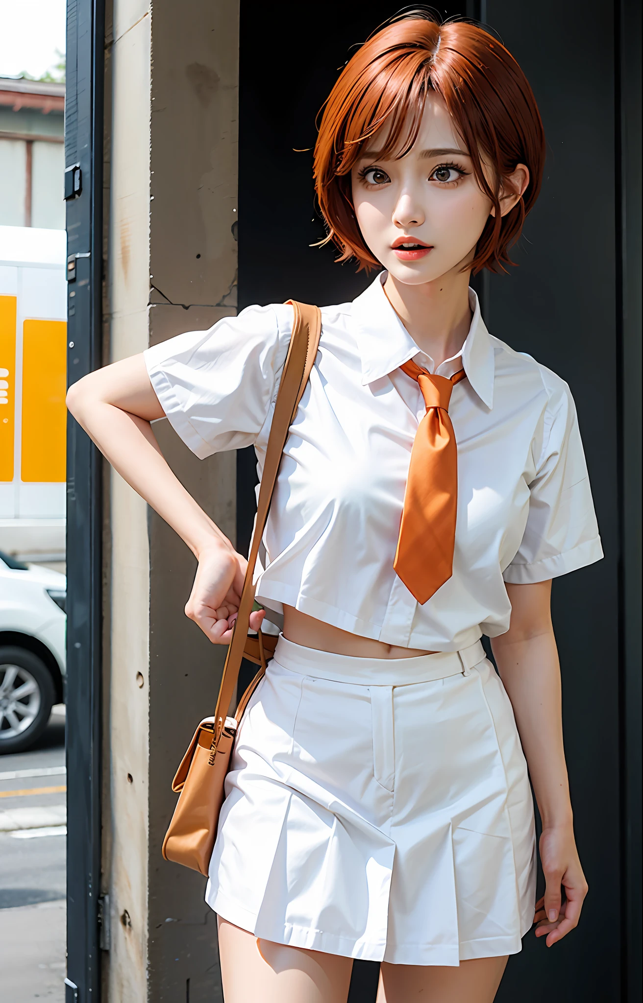 (Lori), girl, lively and cute, cute hair accessories, (1girl), short orange hair, red tie, dramatic expression, white short shirt, mini skirt, fresh air, summer breeze, natural light.