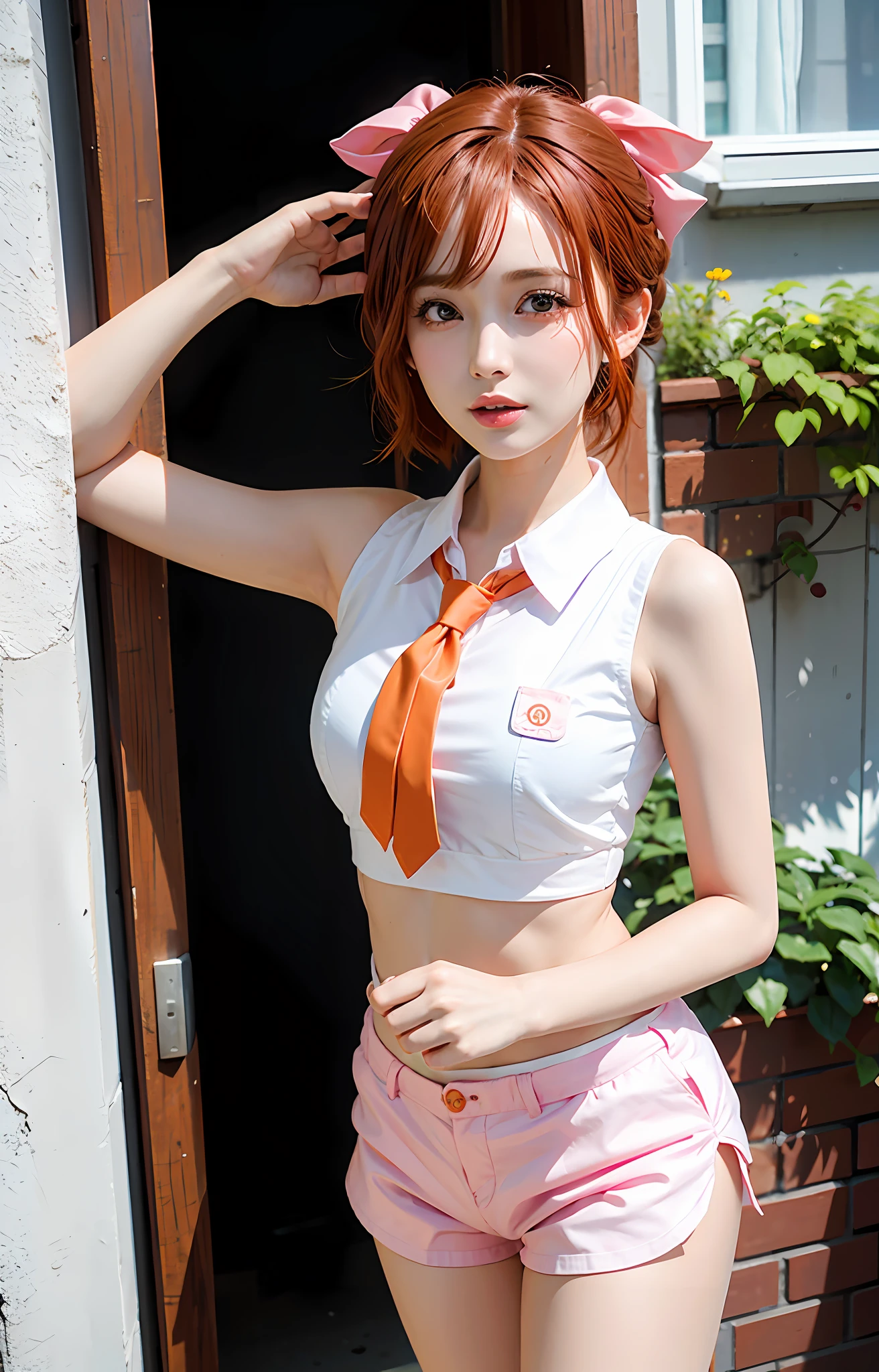 (Lori), girl, lively and cute, cute hair accessories, (1girl), short orange hair, red tie, dramatic expression, pink and white underwear, fresh air, summer breeze, natural light.