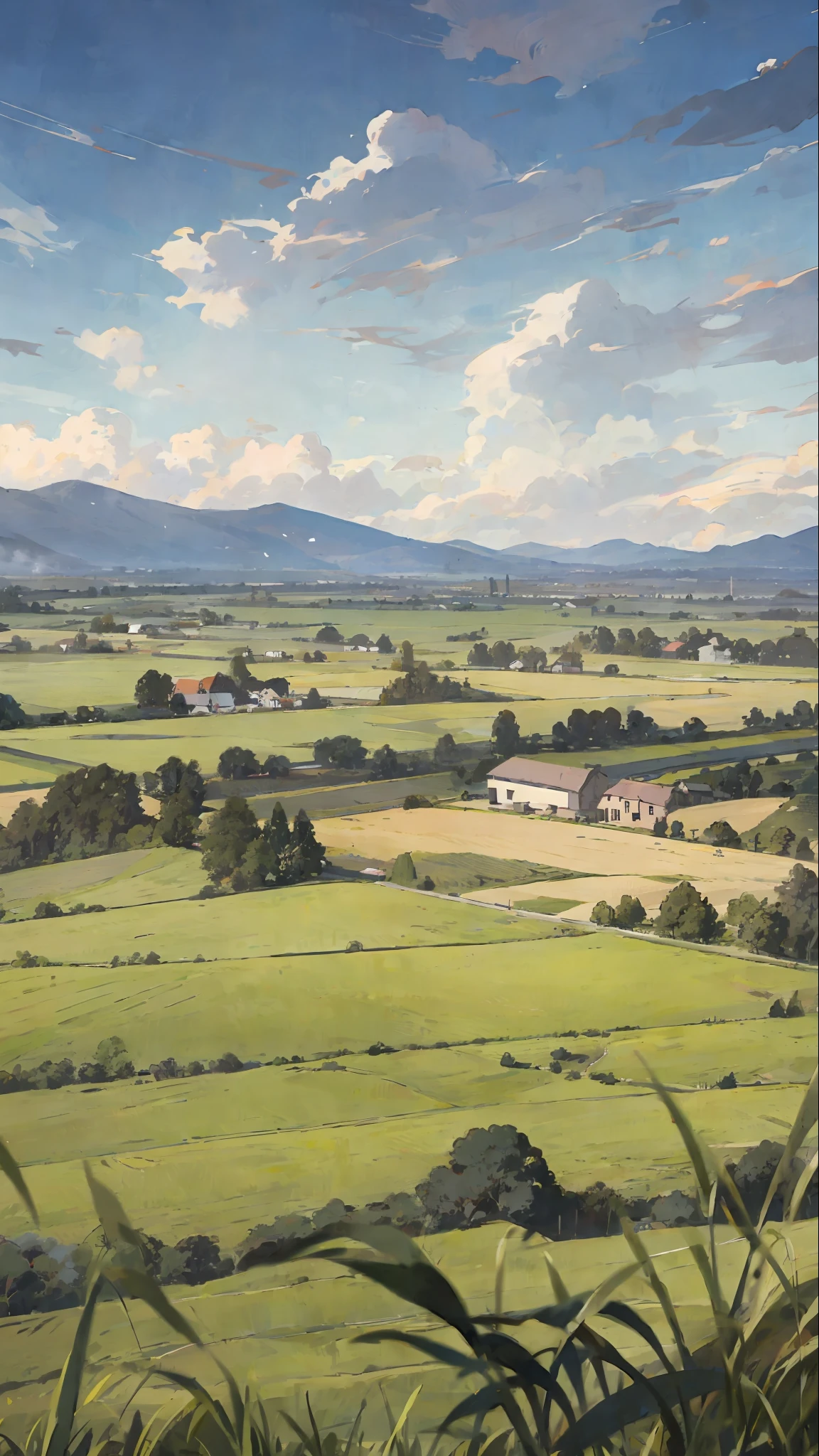 Cartoon style, farmland with small trees and houses, distant mountains, sky, and clouds