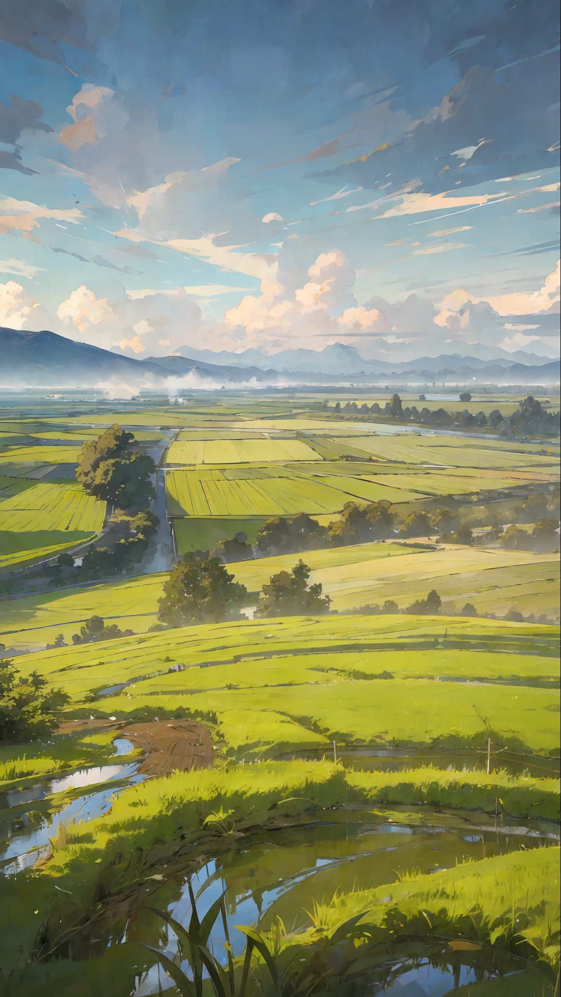 Farmland, sky, distant mountains, and clouds, with small trees, rivers, rice