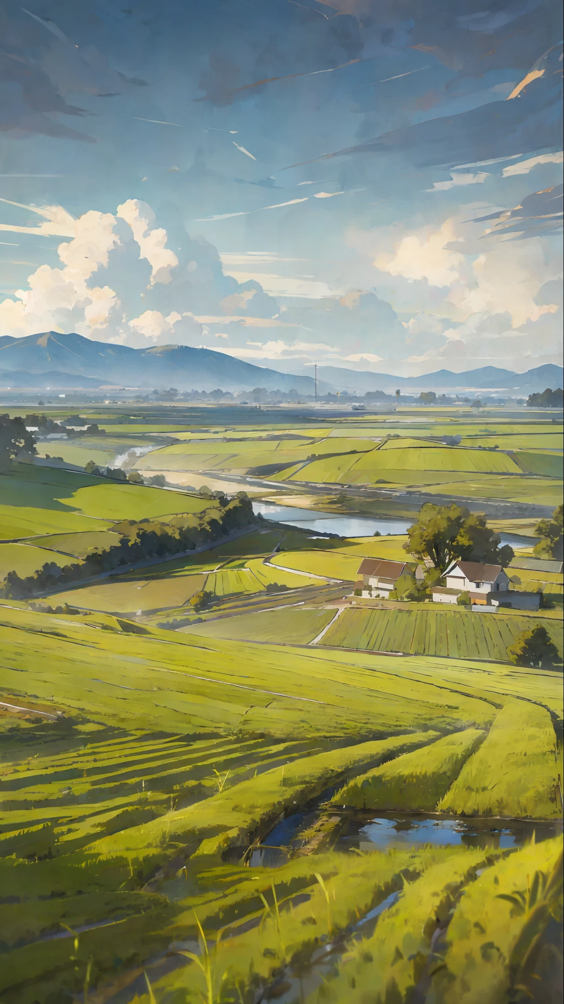 Farmland, sky, distant mountains, and clouds, with small trees, rivers, rice