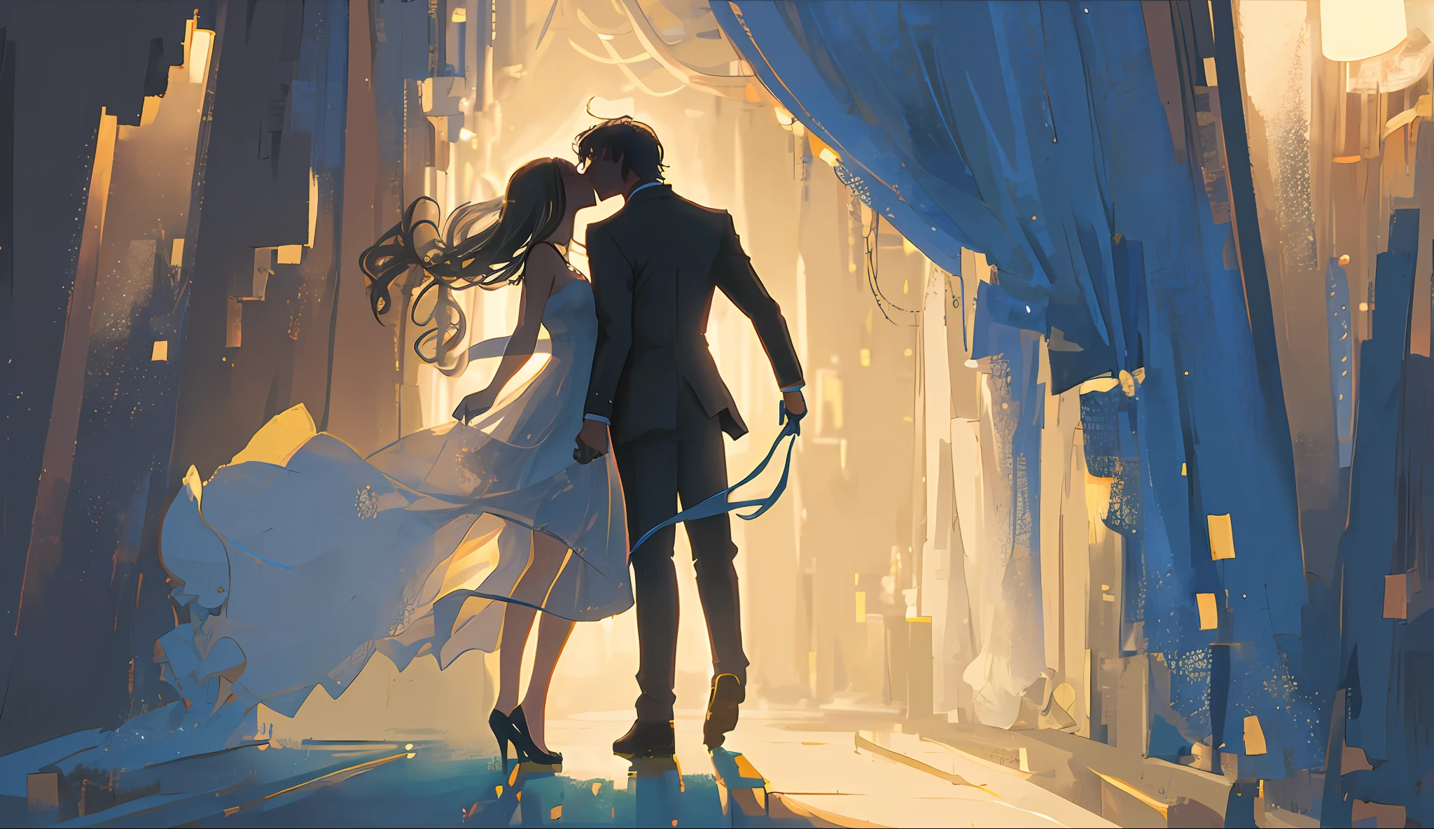 (prompt1: silhouette of a kissing couple, best quality, high resolution, elegant art style, soft lighting, romantic atmosphere, blurred background):(11)