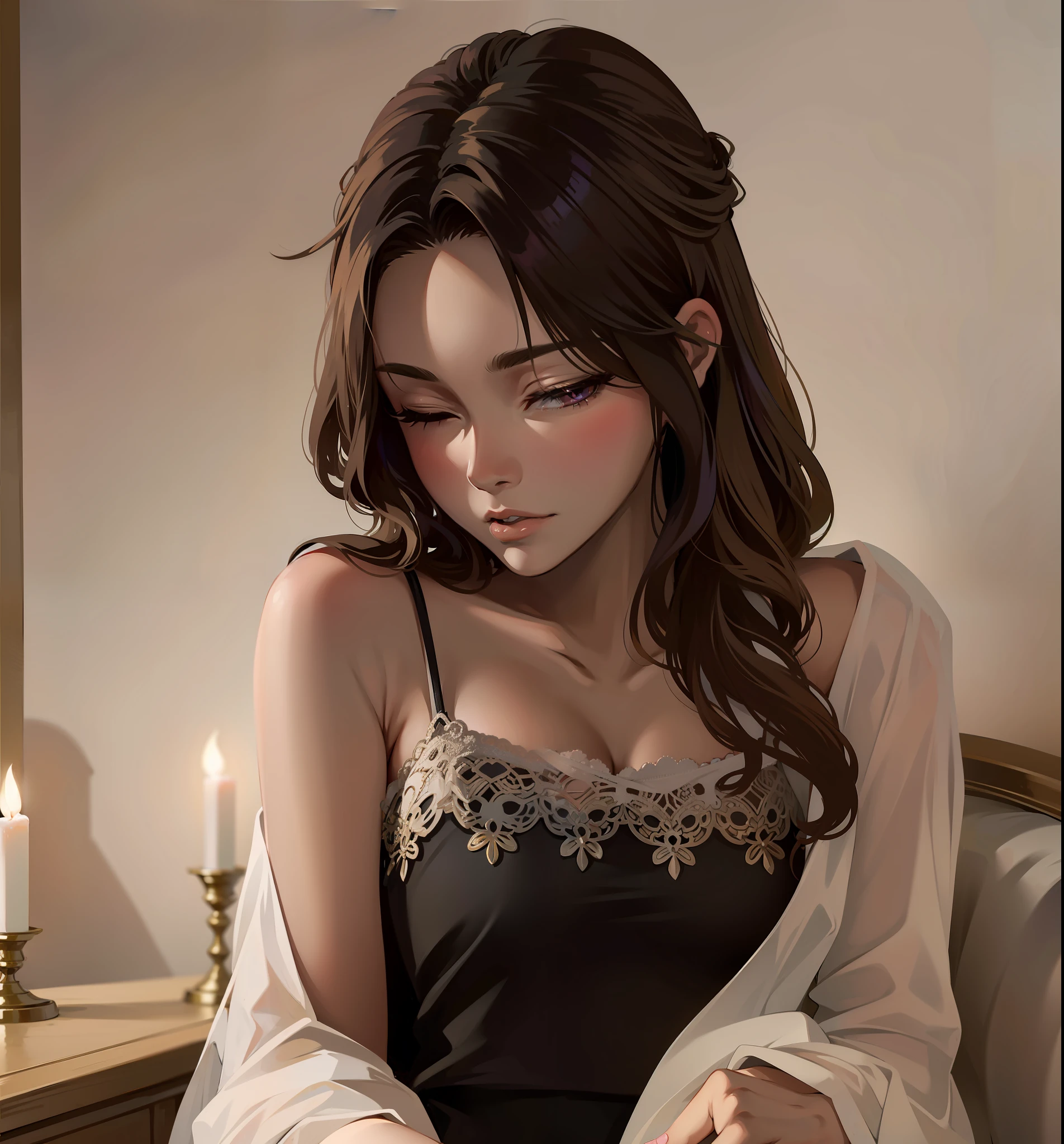 (anime style), (shy anime girl), ((Hayao Miyazaki style)), pink lips, upper lip biting lower lip, eyes closed, shy face, highest quality, super high definition, araffe woman in a black dress sitting on a couch with a candle, gorgeous young korean woman, beautiful south korean woman, beautiful young korean woman, seductive lingerie camisole, korean women&#39;s fashion model, ethereal beauty, heonhwa choe, lovely woman, korean girl, korea woman, wearing black camisole, alluring camisole